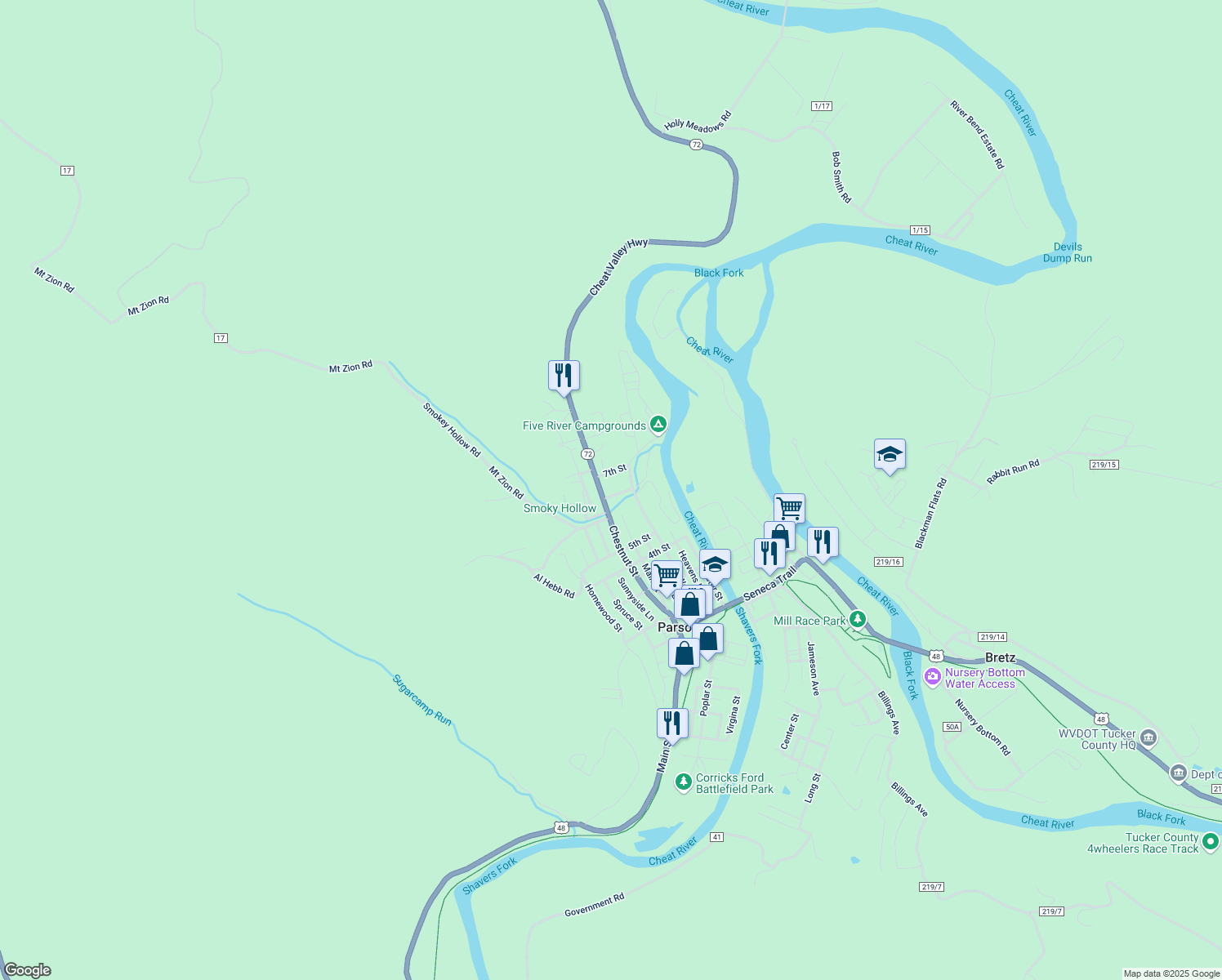 map of restaurants, bars, coffee shops, grocery stores, and more near 103 6th Street in Parsons