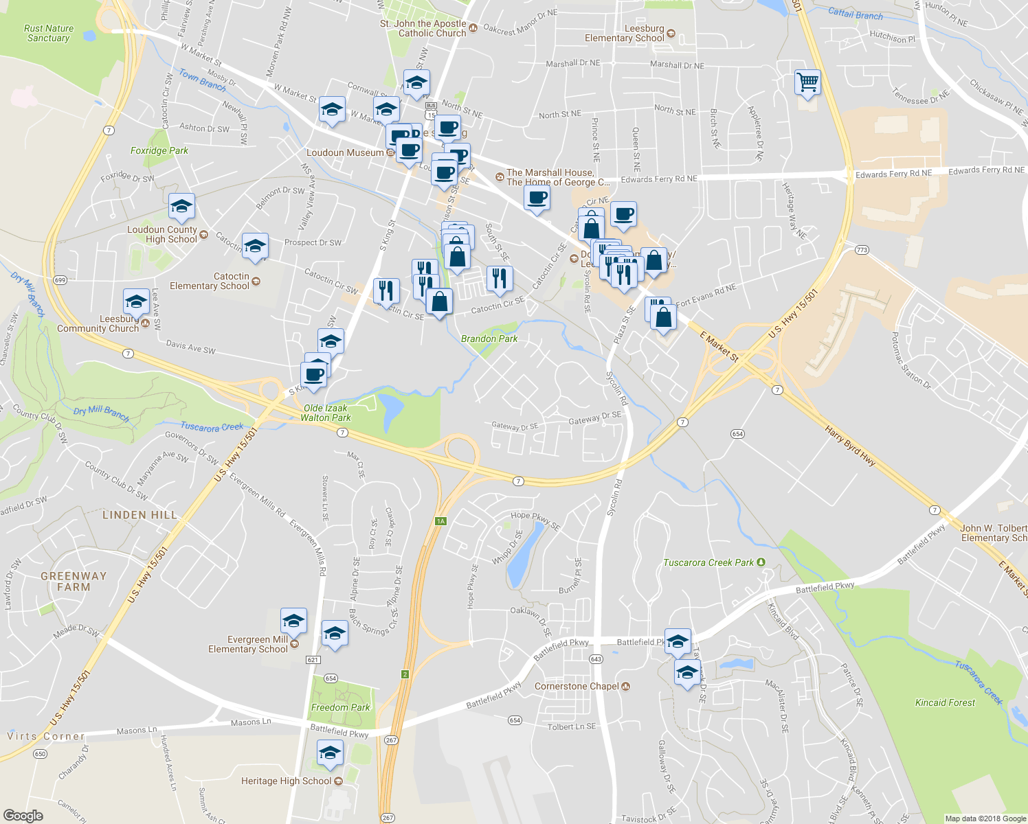 map of restaurants, bars, coffee shops, grocery stores, and more near 353 Nansemond St SE in Leesburg