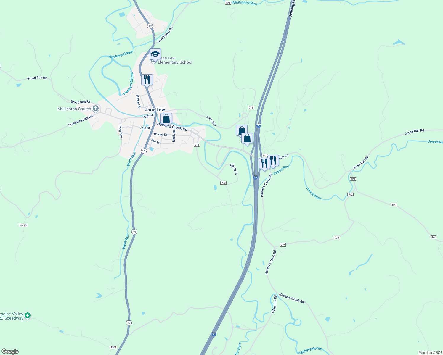 map of restaurants, bars, coffee shops, grocery stores, and more near 18 Viking Drive in Jane Lew