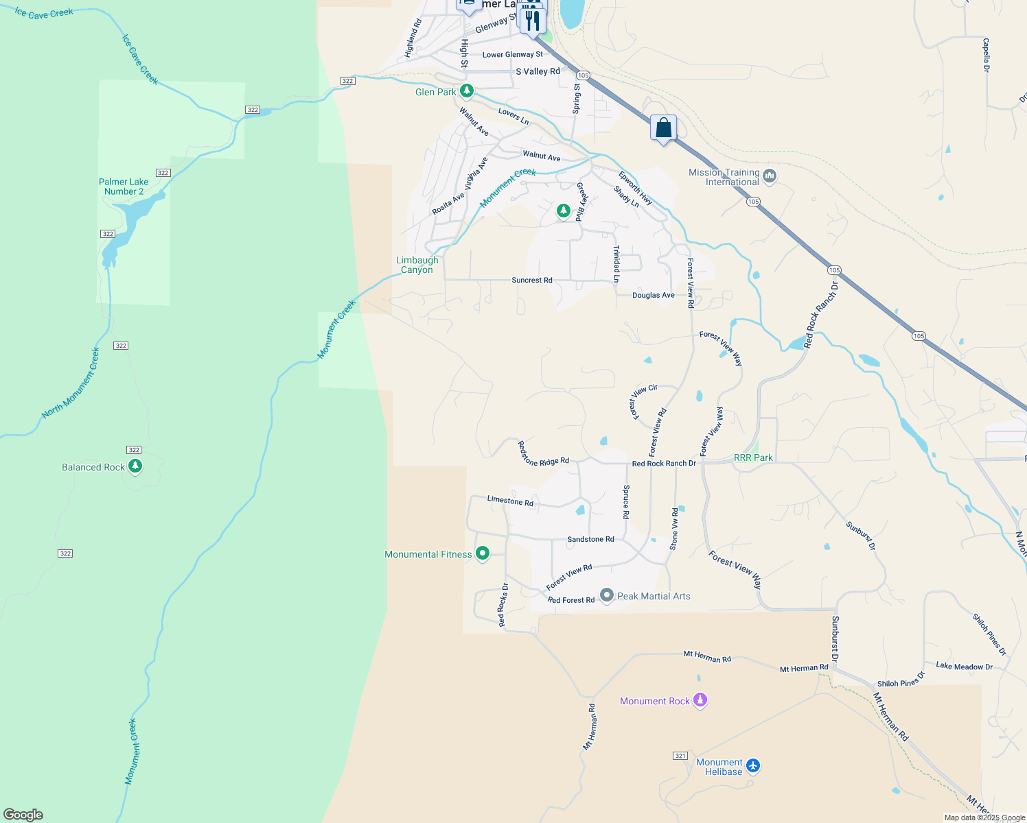 map of restaurants, bars, coffee shops, grocery stores, and more near 4691 Red Rock Ranch Dr in Monument