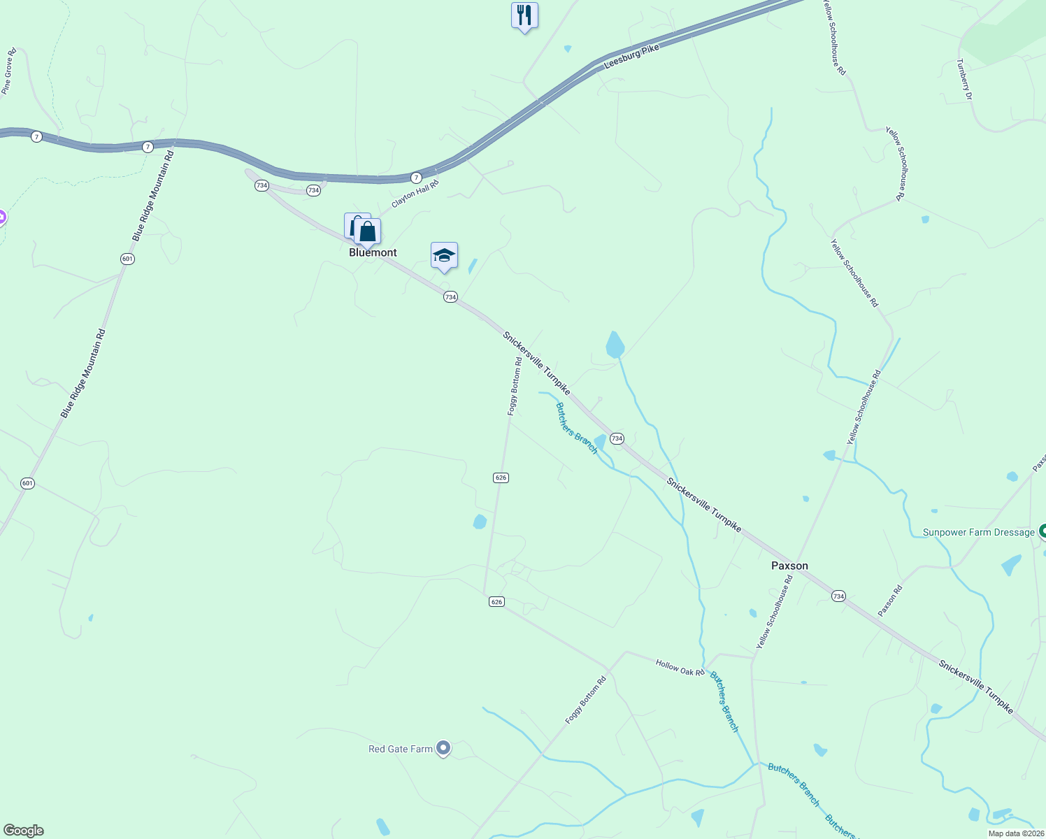 map of restaurants, bars, coffee shops, grocery stores, and more near 18604 Foggy Bottom Road in Bluemont