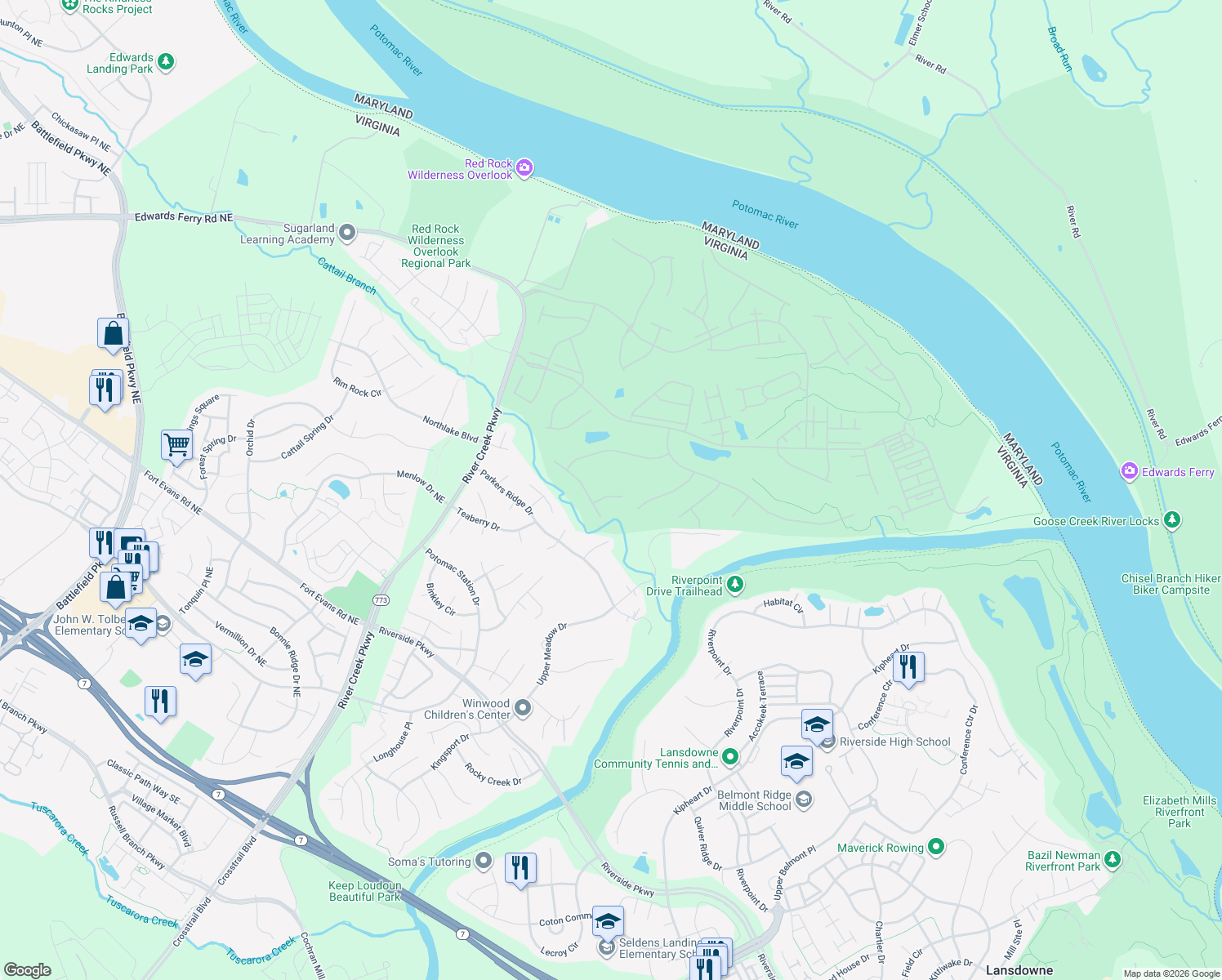 map of restaurants, bars, coffee shops, grocery stores, and more near 43321 Crystal Lake St in Leesburg