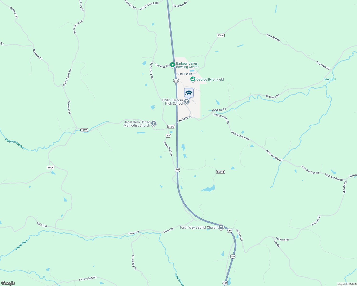 map of restaurants, bars, coffee shops, grocery stores, and more near 12826 Barbour County Highway in Philippi