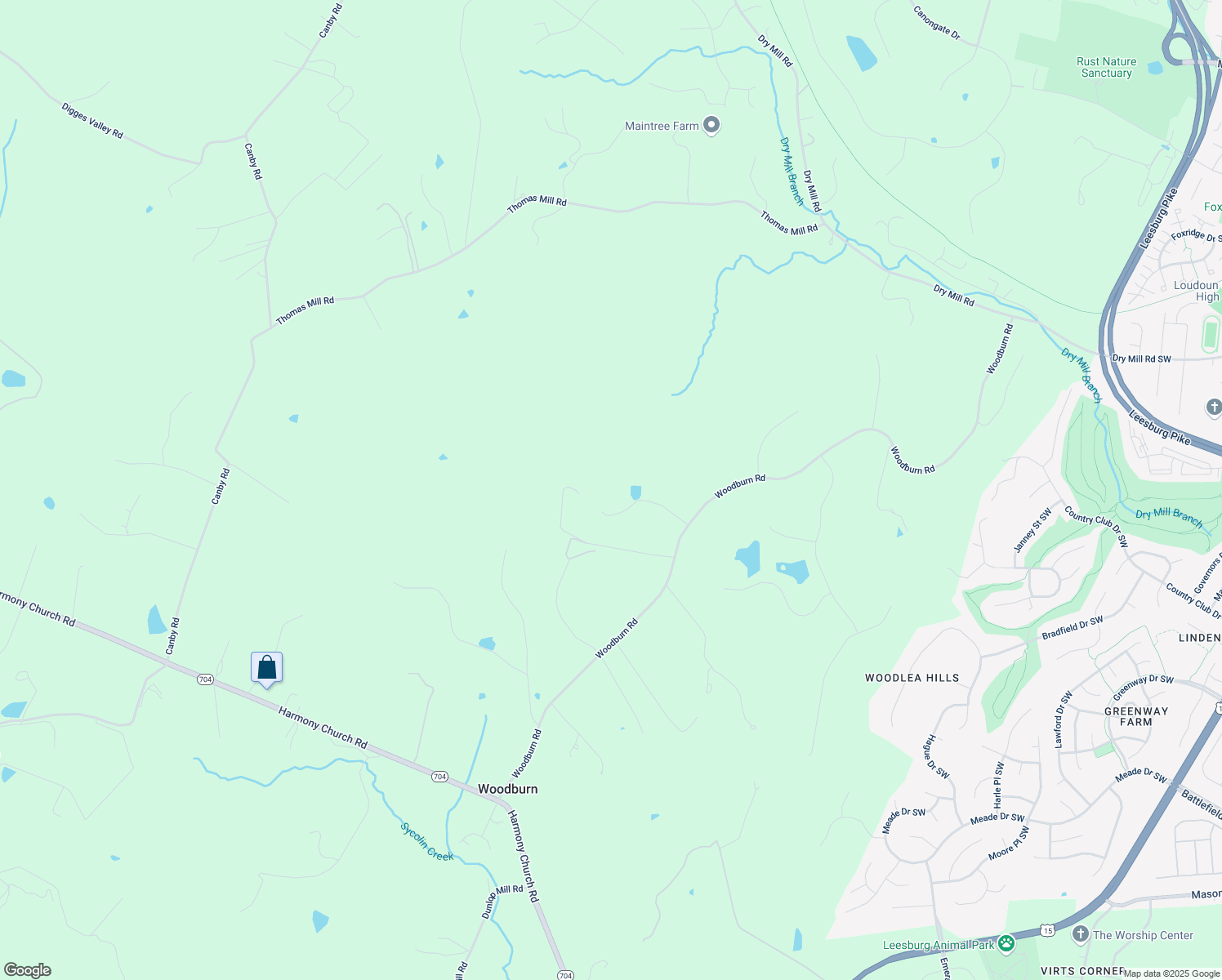 map of restaurants, bars, coffee shops, grocery stores, and more near 18671 Woodburn Road in Leesburg
