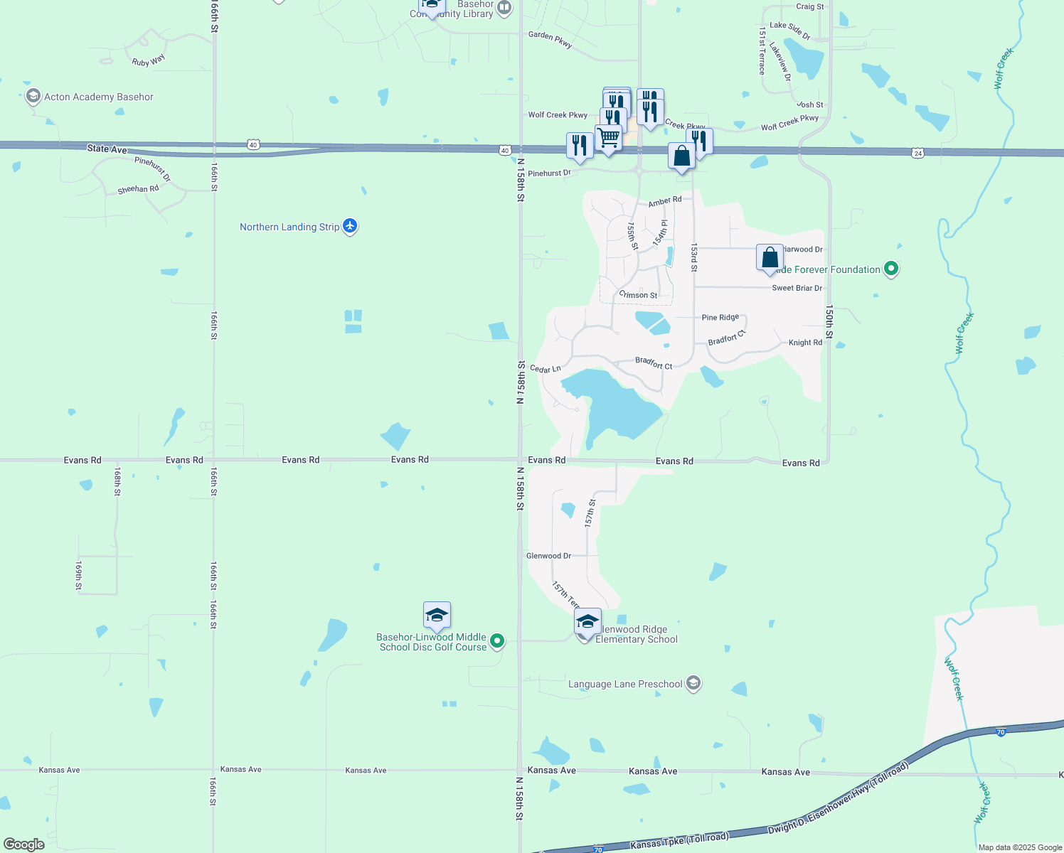 map of restaurants, bars, coffee shops, grocery stores, and more near 18102 158th Street in Bonner Springs
