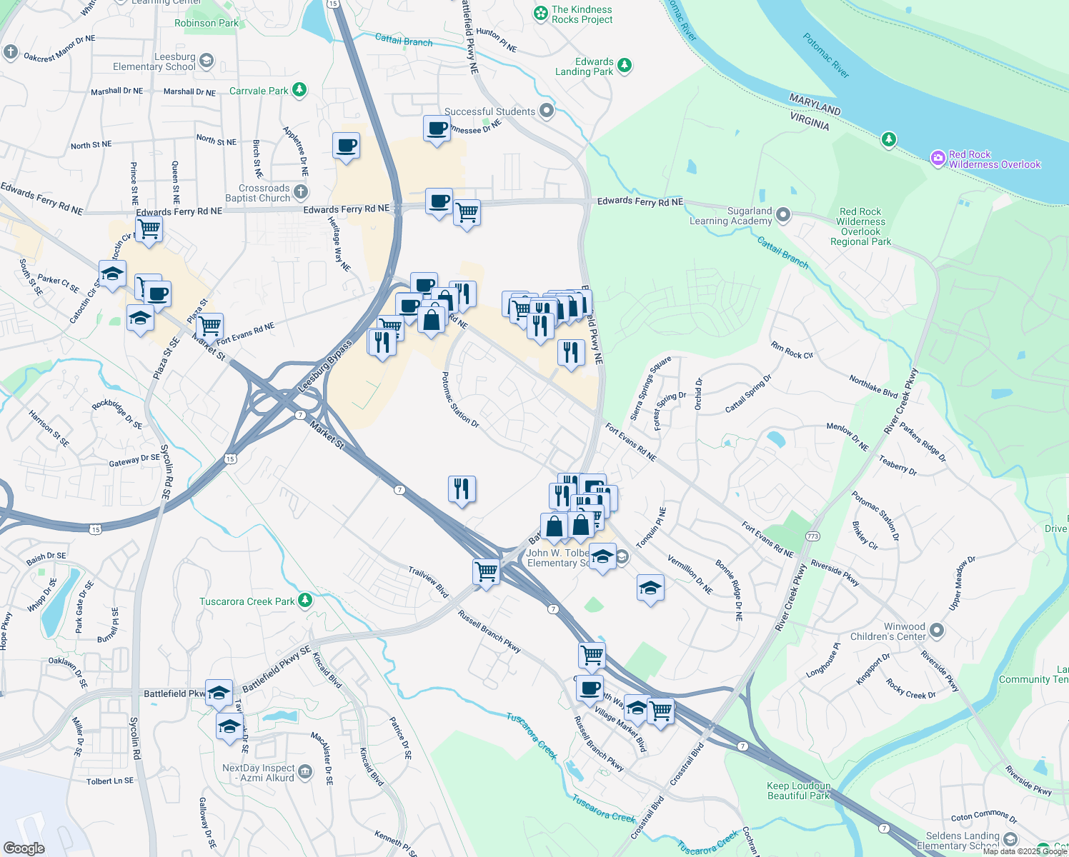 map of restaurants, bars, coffee shops, grocery stores, and more near 583 Kalmia Square Northeast in Leesburg