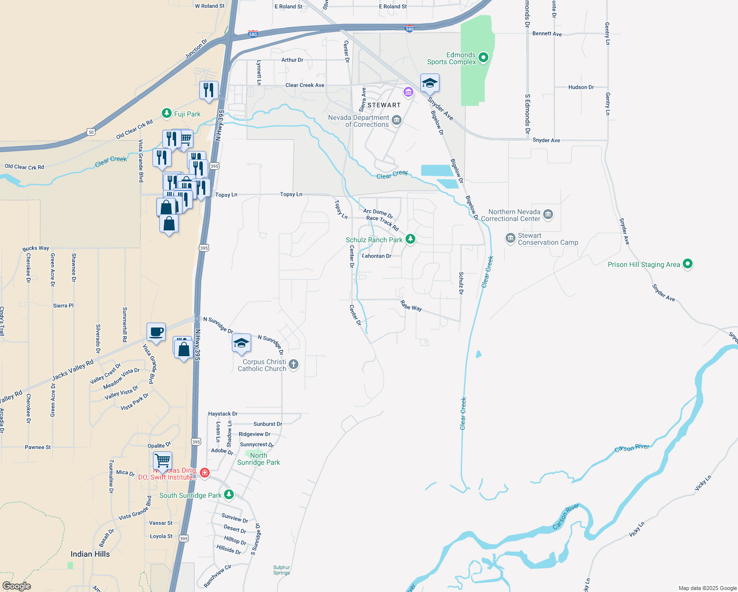 map of restaurants, bars, coffee shops, grocery stores, and more near 1100 Rabe Way in Carson City