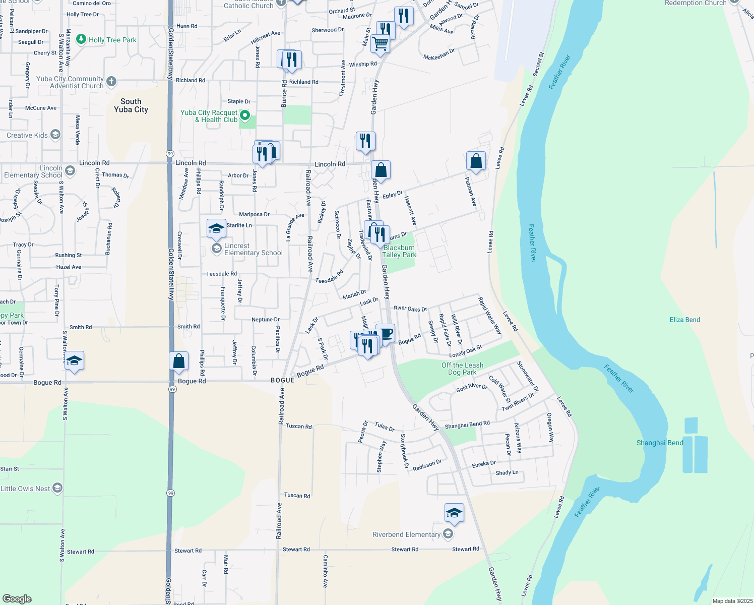 map of restaurants, bars, coffee shops, grocery stores, and more near 620 Lask Drive in Yuba City