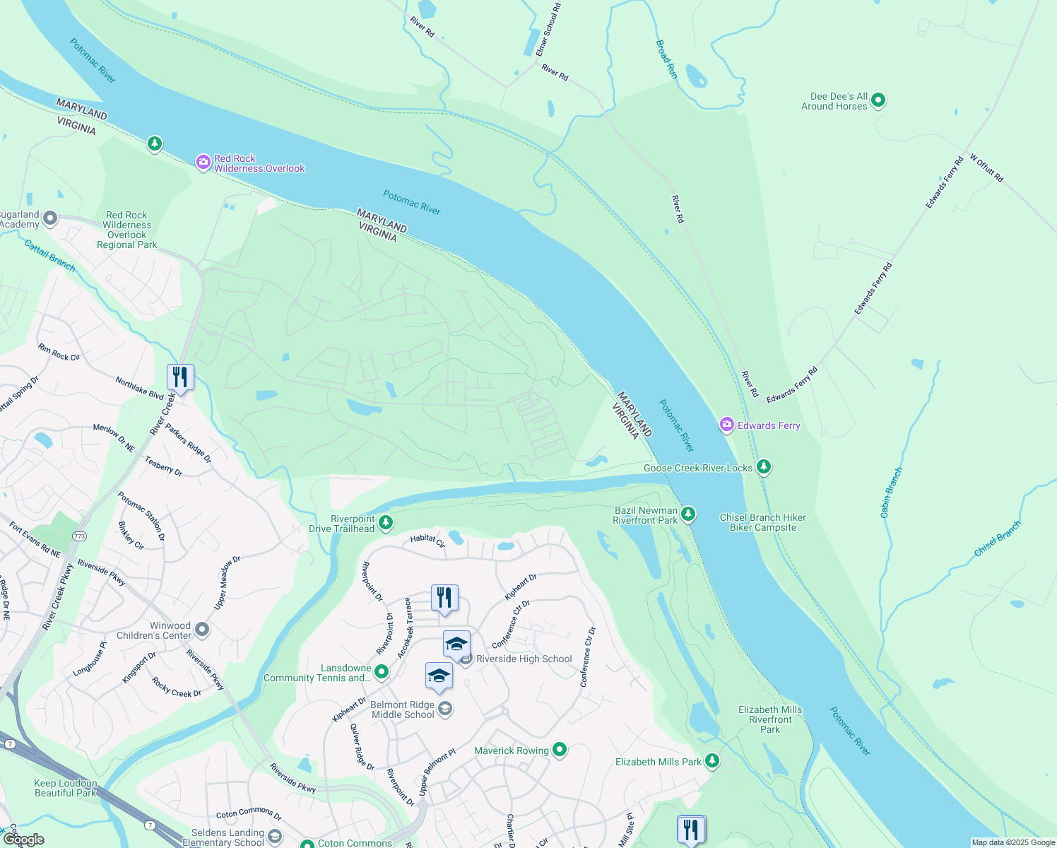 map of restaurants, bars, coffee shops, grocery stores, and more near 18512 Bear Creek Terrace in Leesburg