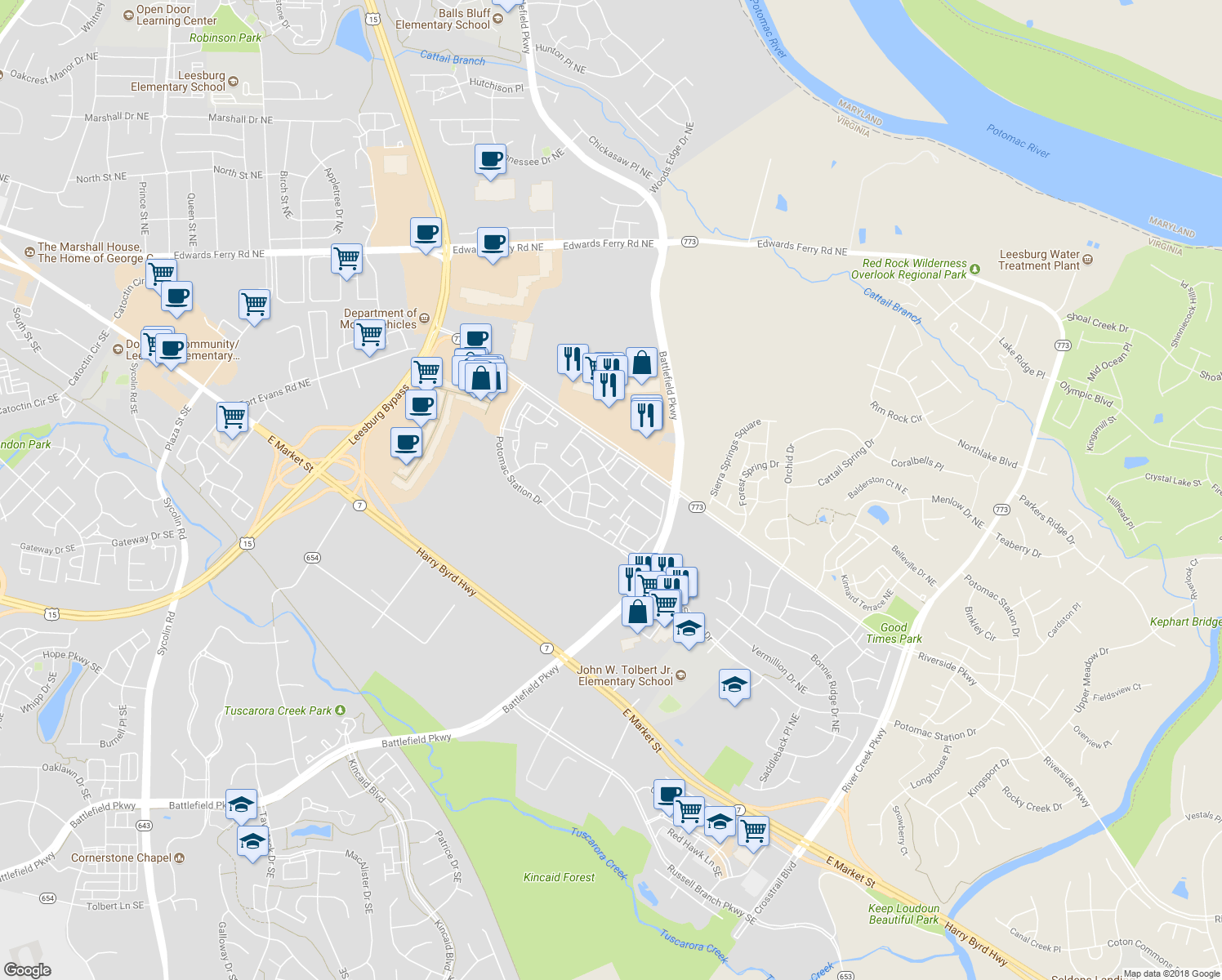 map of restaurants, bars, coffee shops, grocery stores, and more near 534 Kalmia Square Northeast in Leesburg