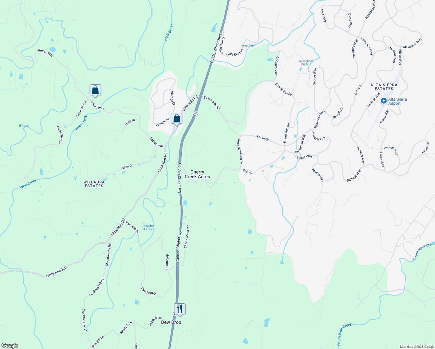 map of restaurants, bars, coffee shops, grocery stores, and more near 10700 Oak Drive in Grass Valley