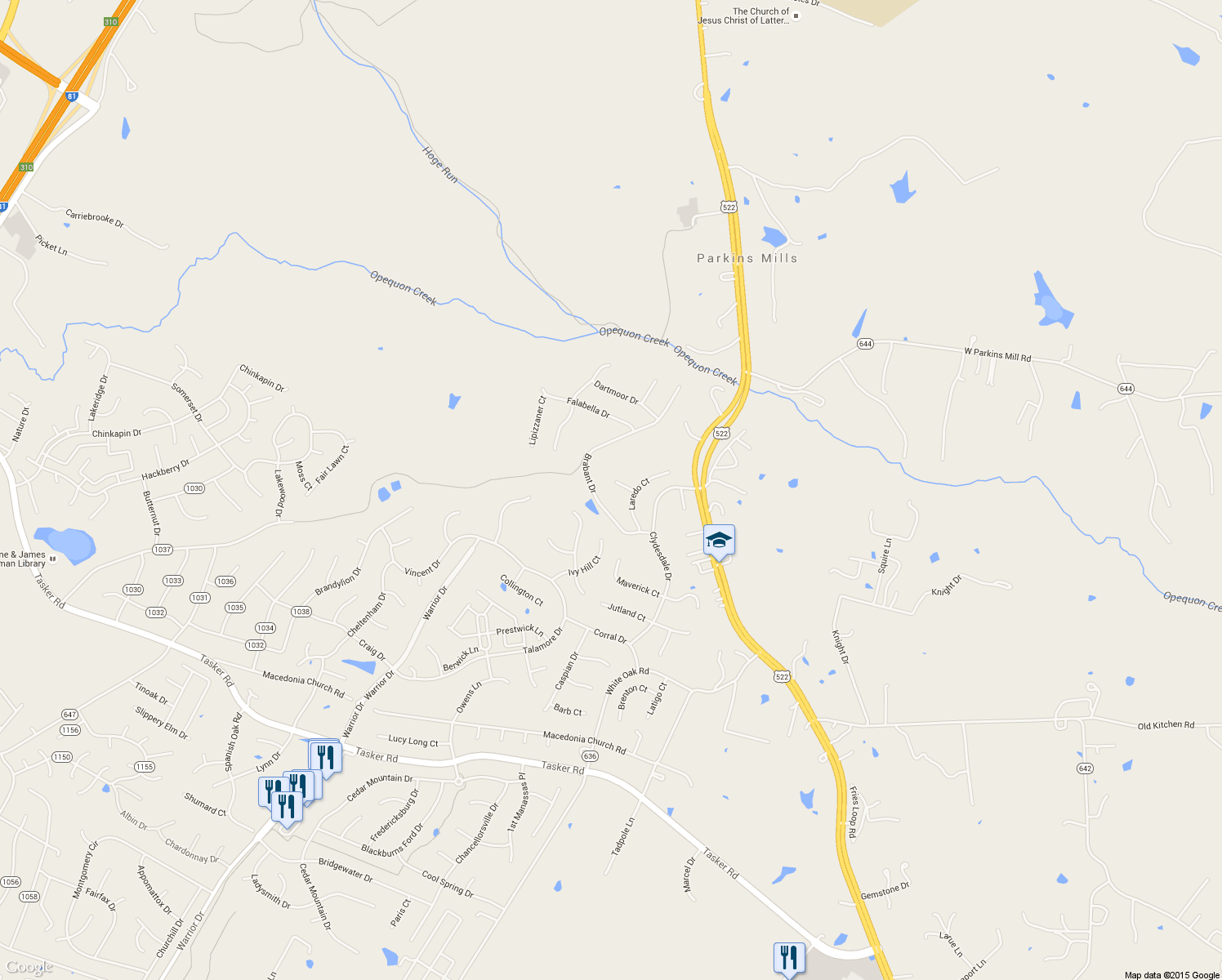 map of restaurants, bars, coffee shops, grocery stores, and more near 107 Landais Court in Stephens City