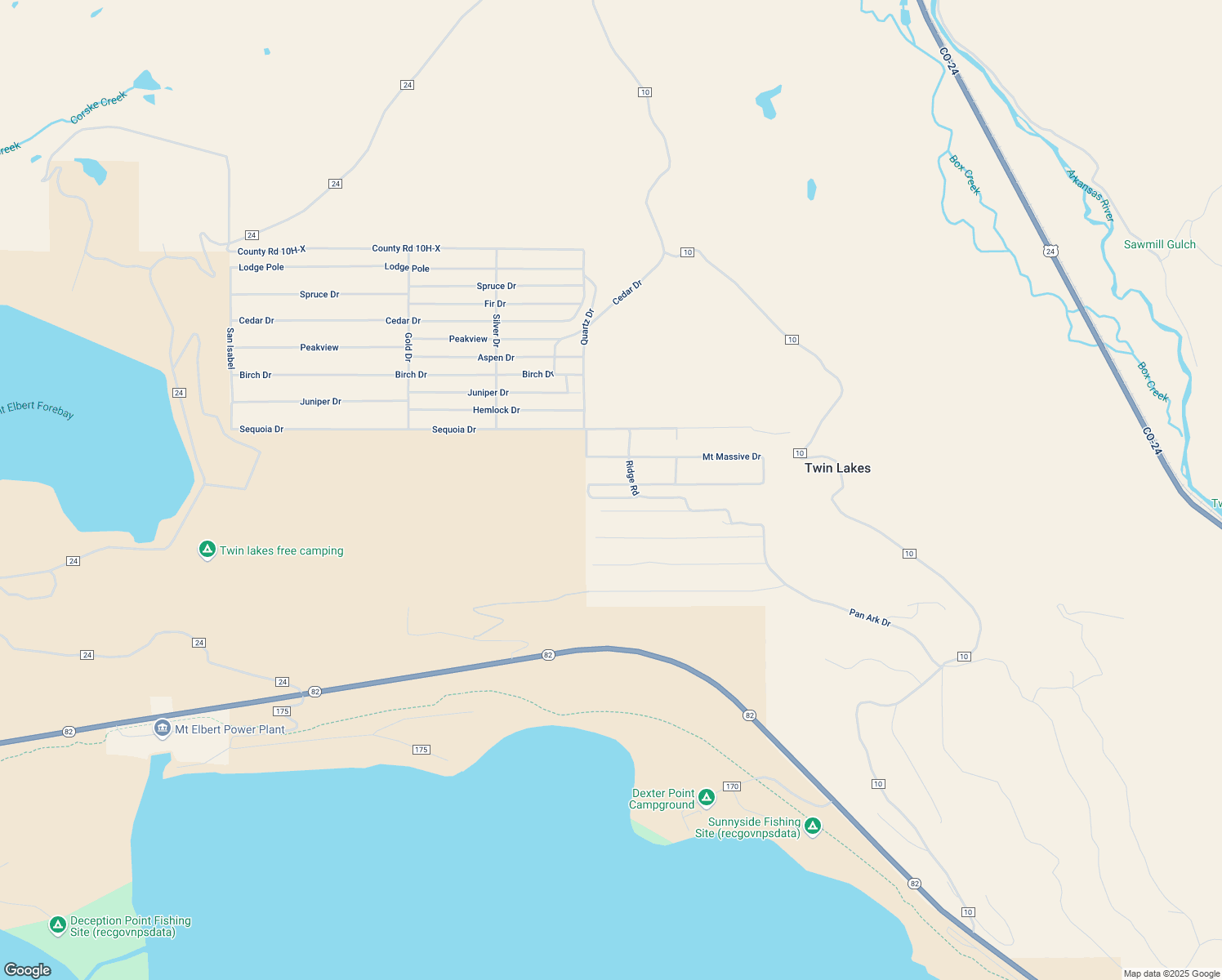 map of restaurants, bars, coffee shops, grocery stores, and more near 464 Mount Elbert Drive in Twin Lakes