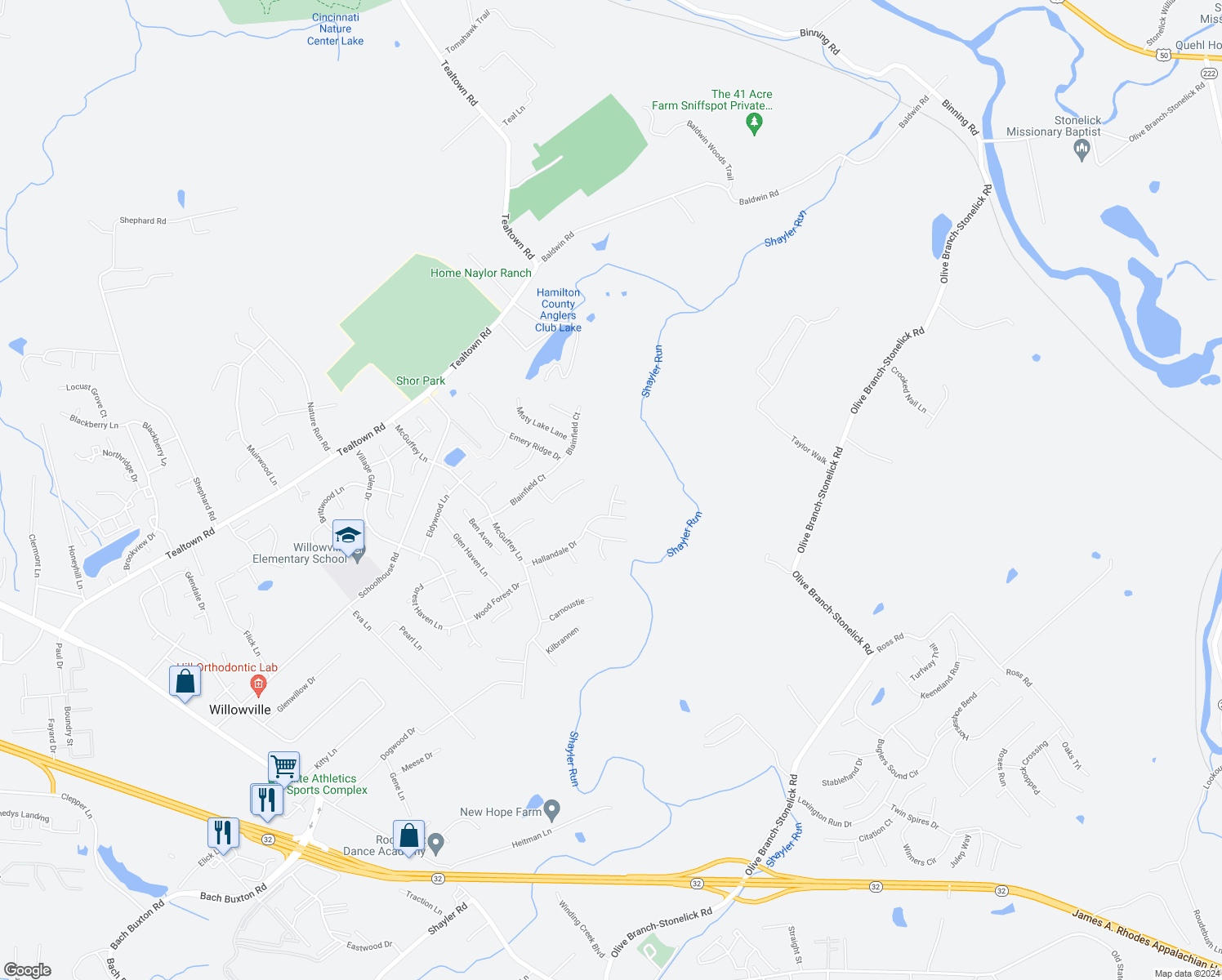 map of restaurants, bars, coffee shops, grocery stores, and more near 1265 Mills Pointe Court in Batavia