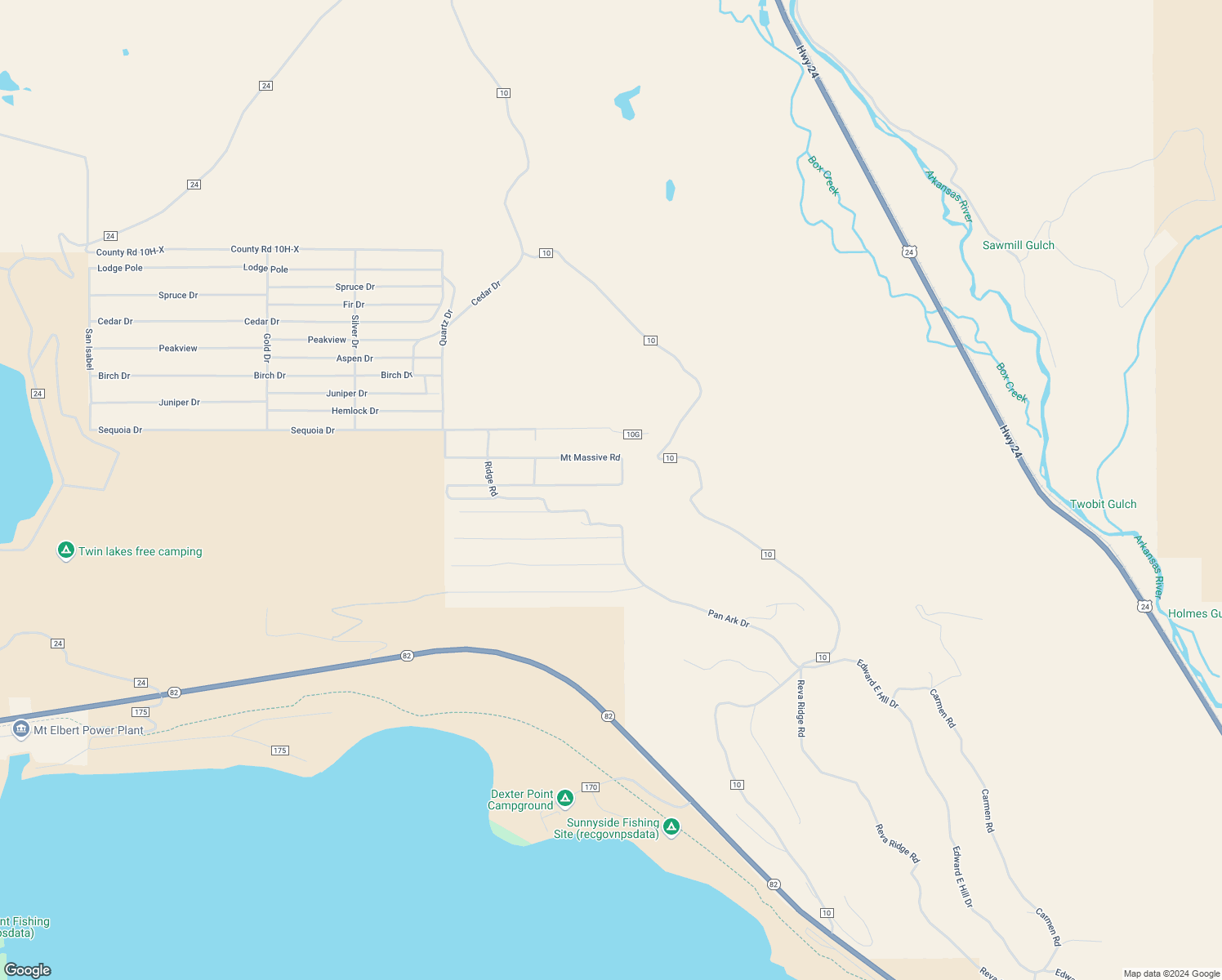 map of restaurants, bars, coffee shops, grocery stores, and more near 28 Mount Elbert Drive in Twin Lakes