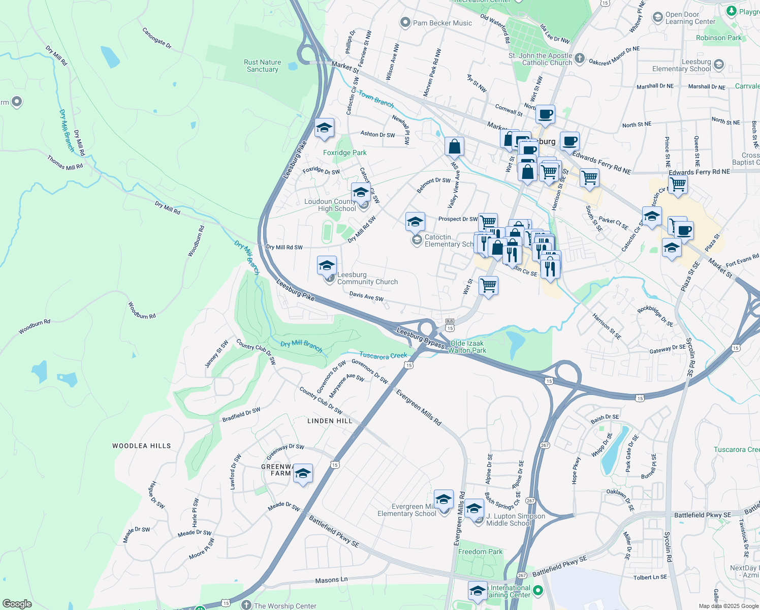 map of restaurants, bars, coffee shops, grocery stores, and more near 337 Davis Avenue Southwest in Leesburg
