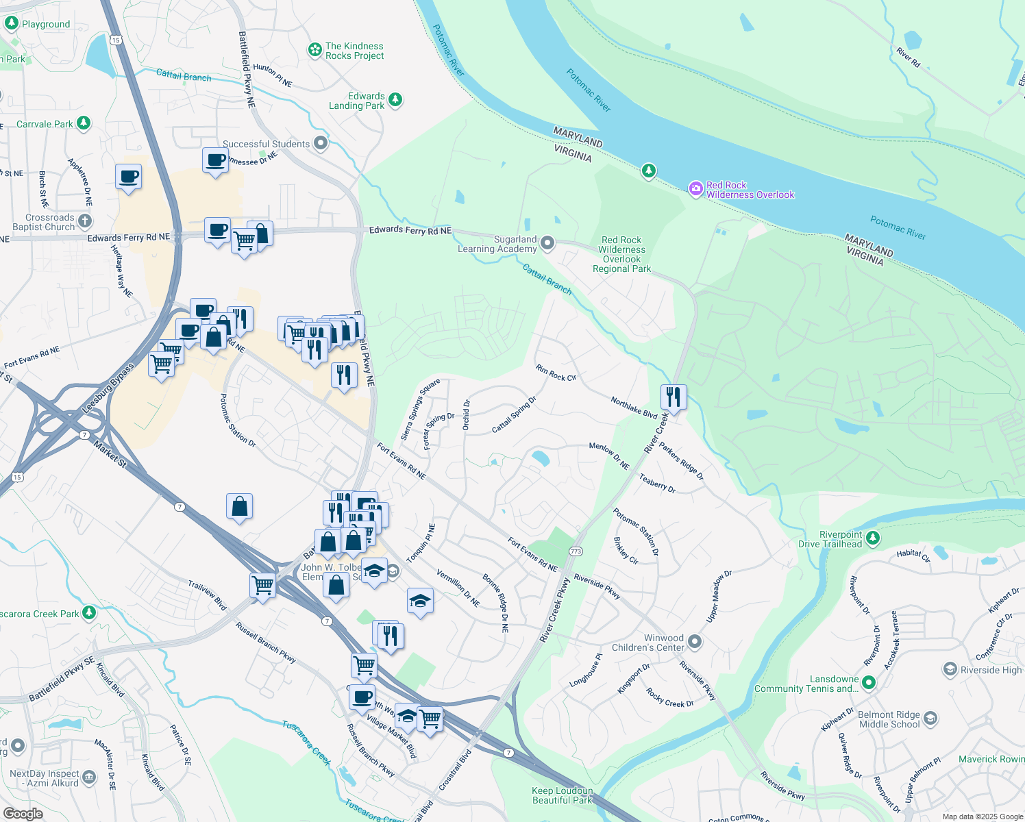 map of restaurants, bars, coffee shops, grocery stores, and more near 18467 Cattail Spring Drive in Leesburg