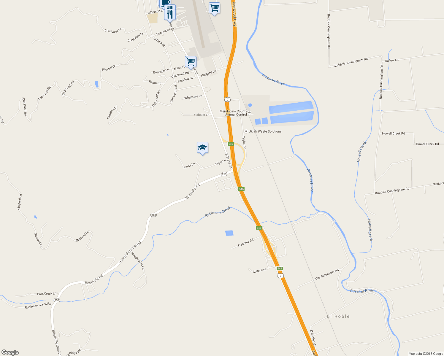 map of restaurants, bars, coffee shops, grocery stores, and more near 3491 Leland Lane in Ukiah