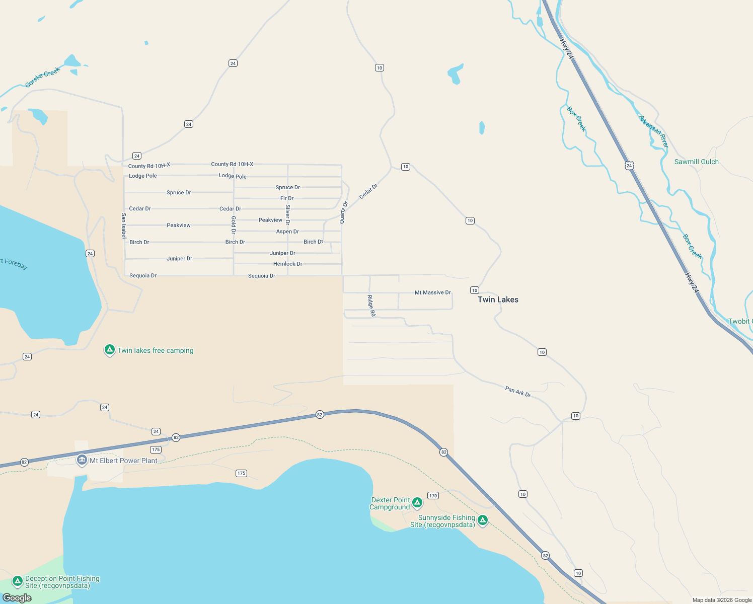 map of restaurants, bars, coffee shops, grocery stores, and more near 369 Mount Elbert Drive in Twin Lakes