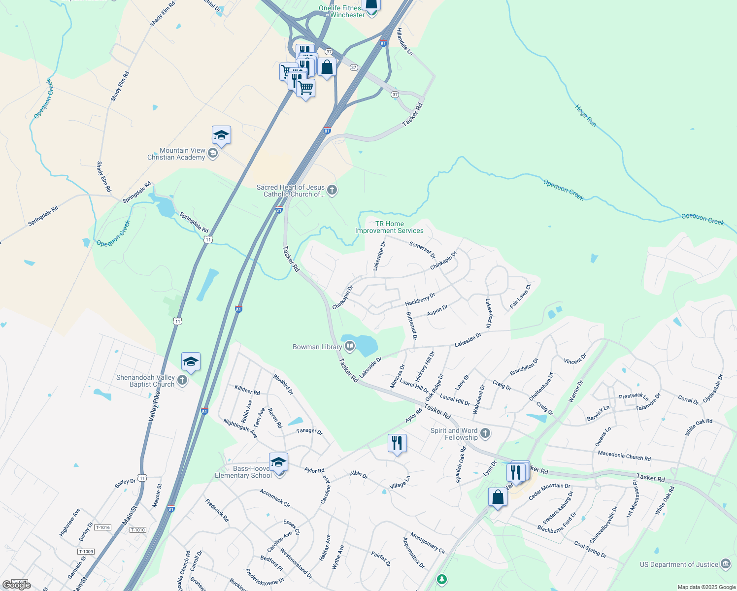 map of restaurants, bars, coffee shops, grocery stores, and more near 417 Surrey Club Ln in Stephens City