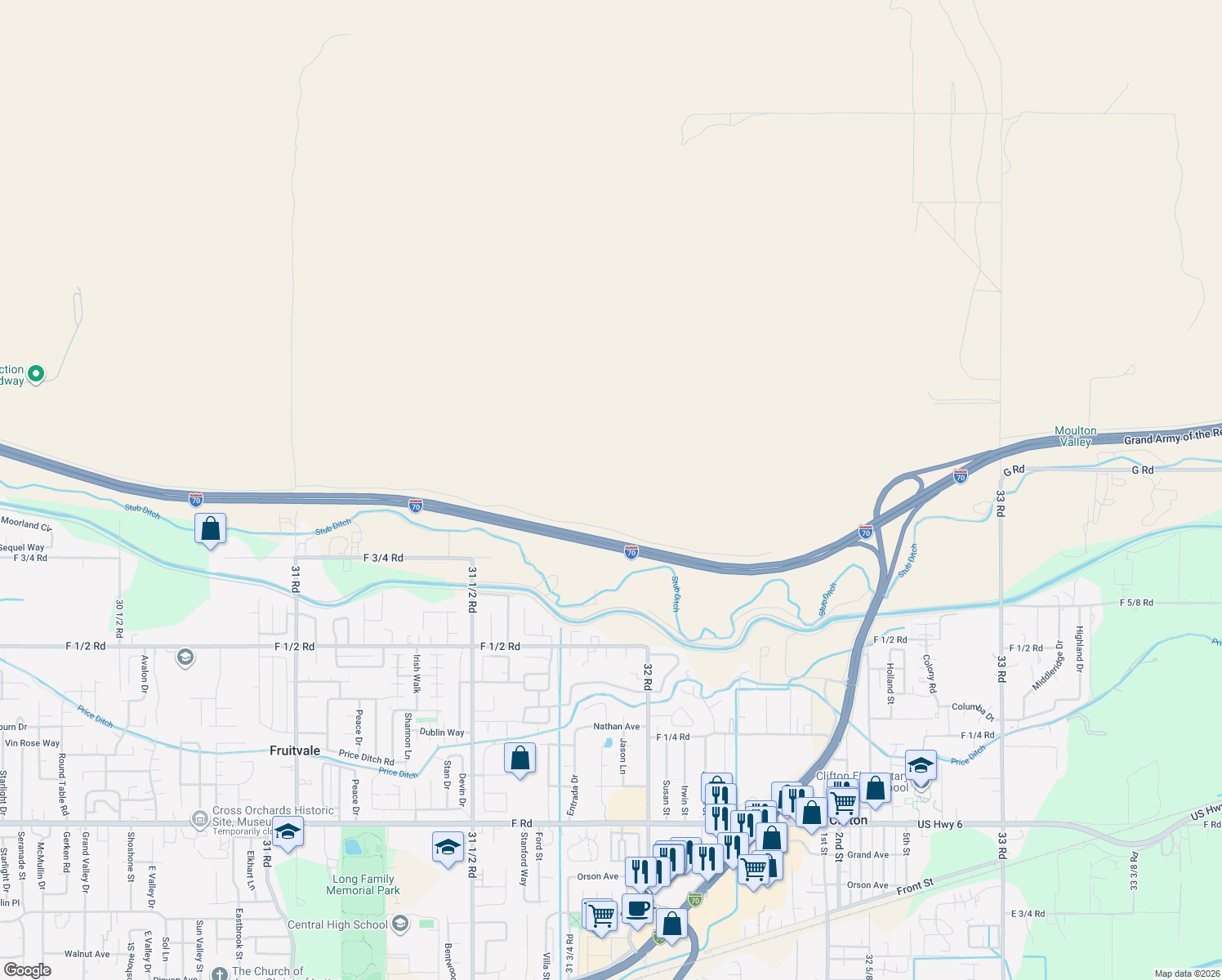 map of restaurants, bars, coffee shops, grocery stores, and more near 3195 North I 70 Frontage Road in Clifton