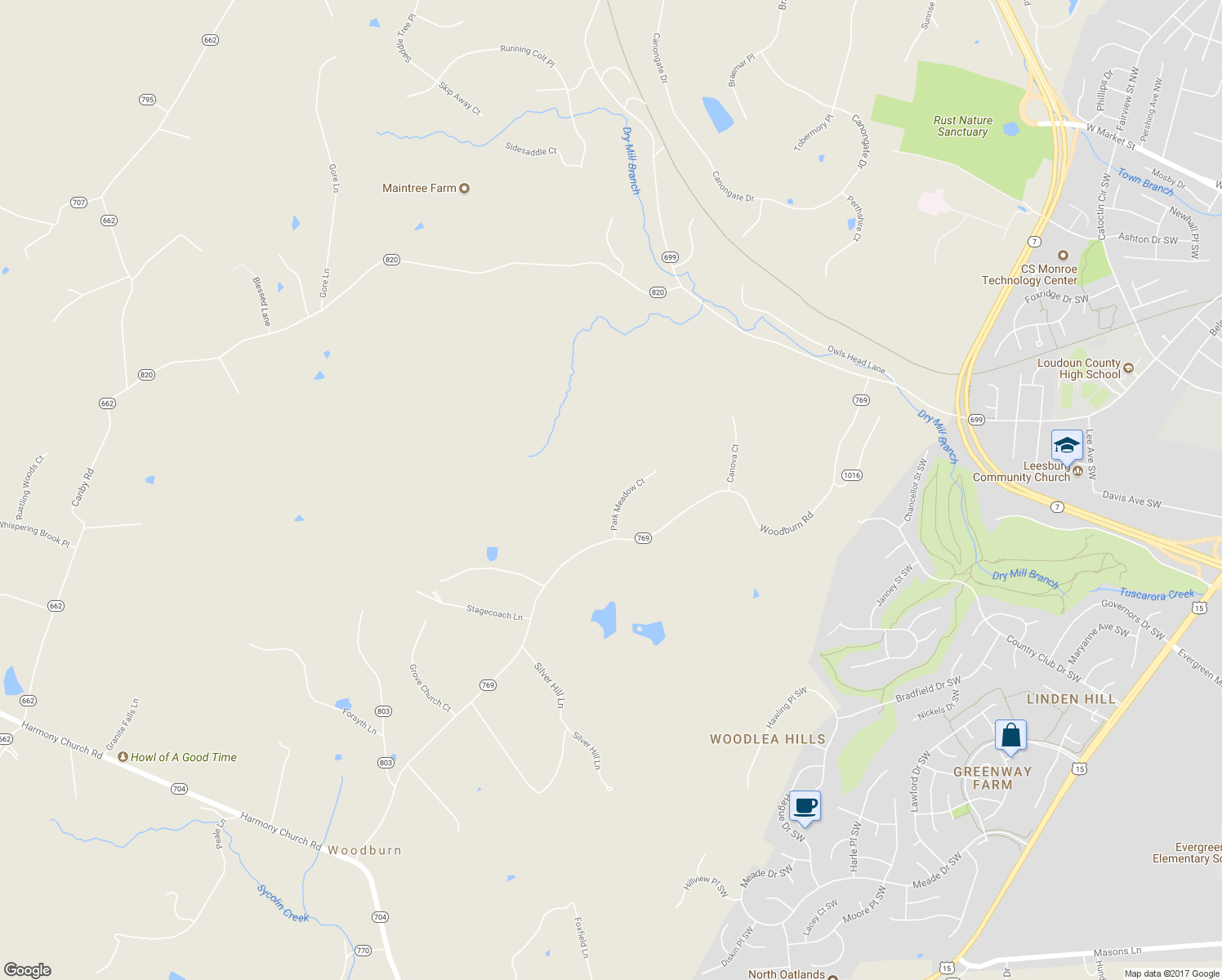 map of restaurants, bars, coffee shops, grocery stores, and more near 18503 Park Meadow Court in Leesburg