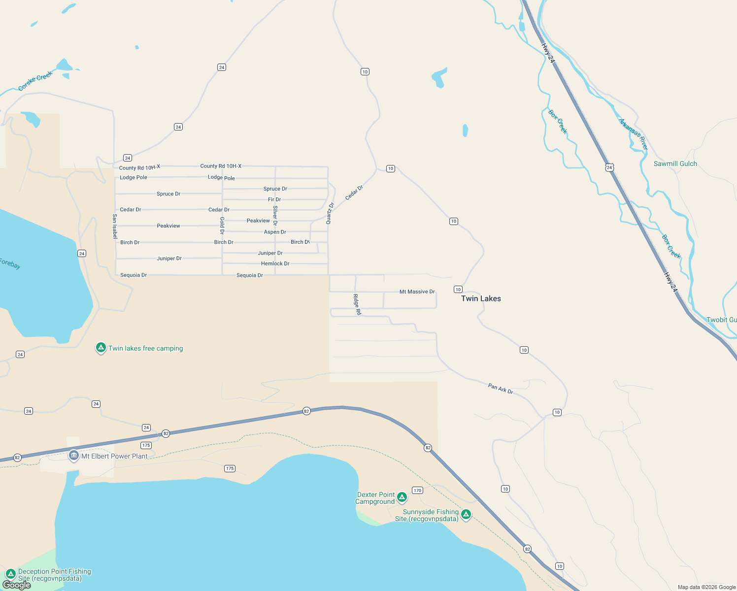 map of restaurants, bars, coffee shops, grocery stores, and more near 369 Mount Elbert Drive in Twin Lakes