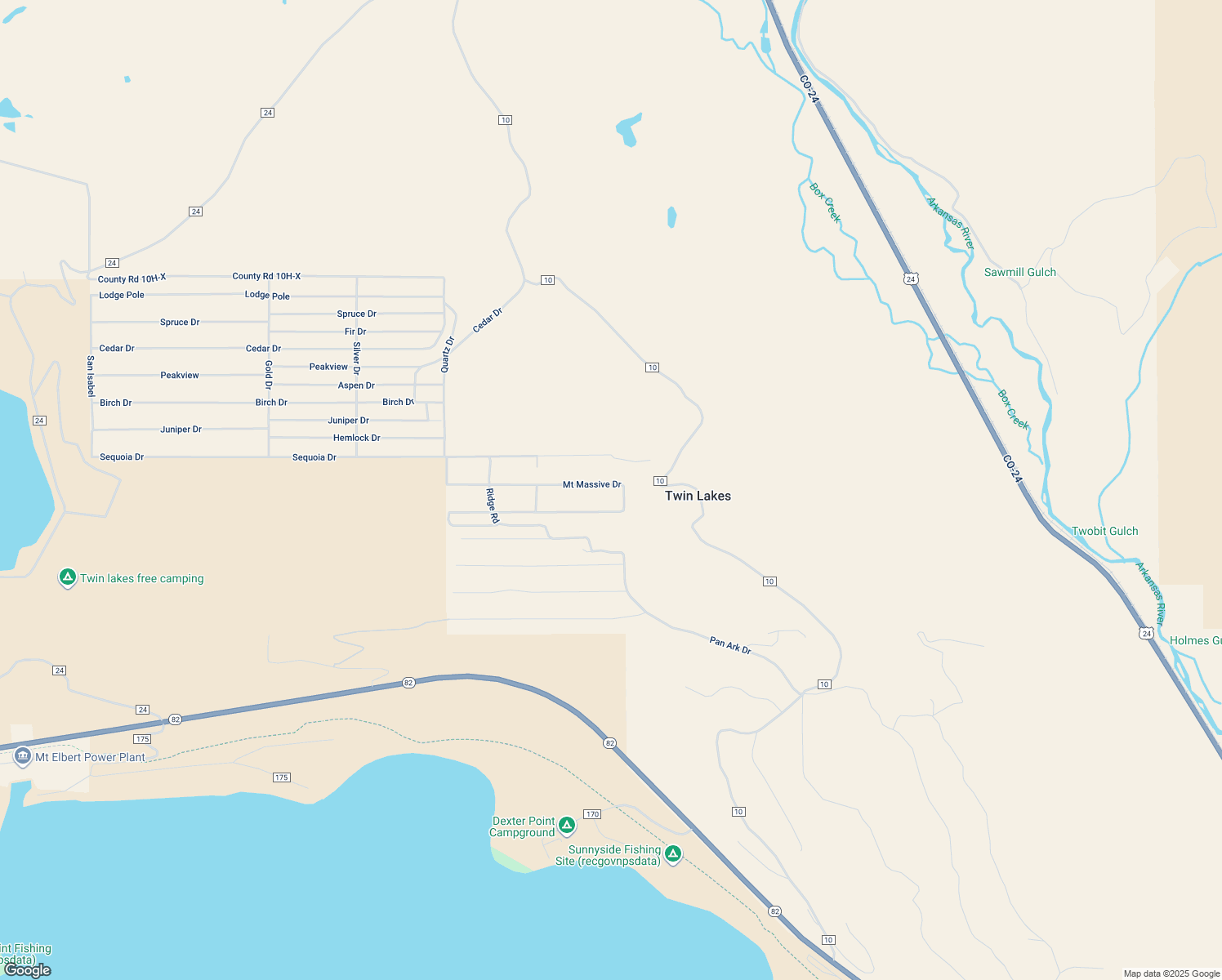 map of restaurants, bars, coffee shops, grocery stores, and more near 28 Mount Elbert Drive in Twin Lakes