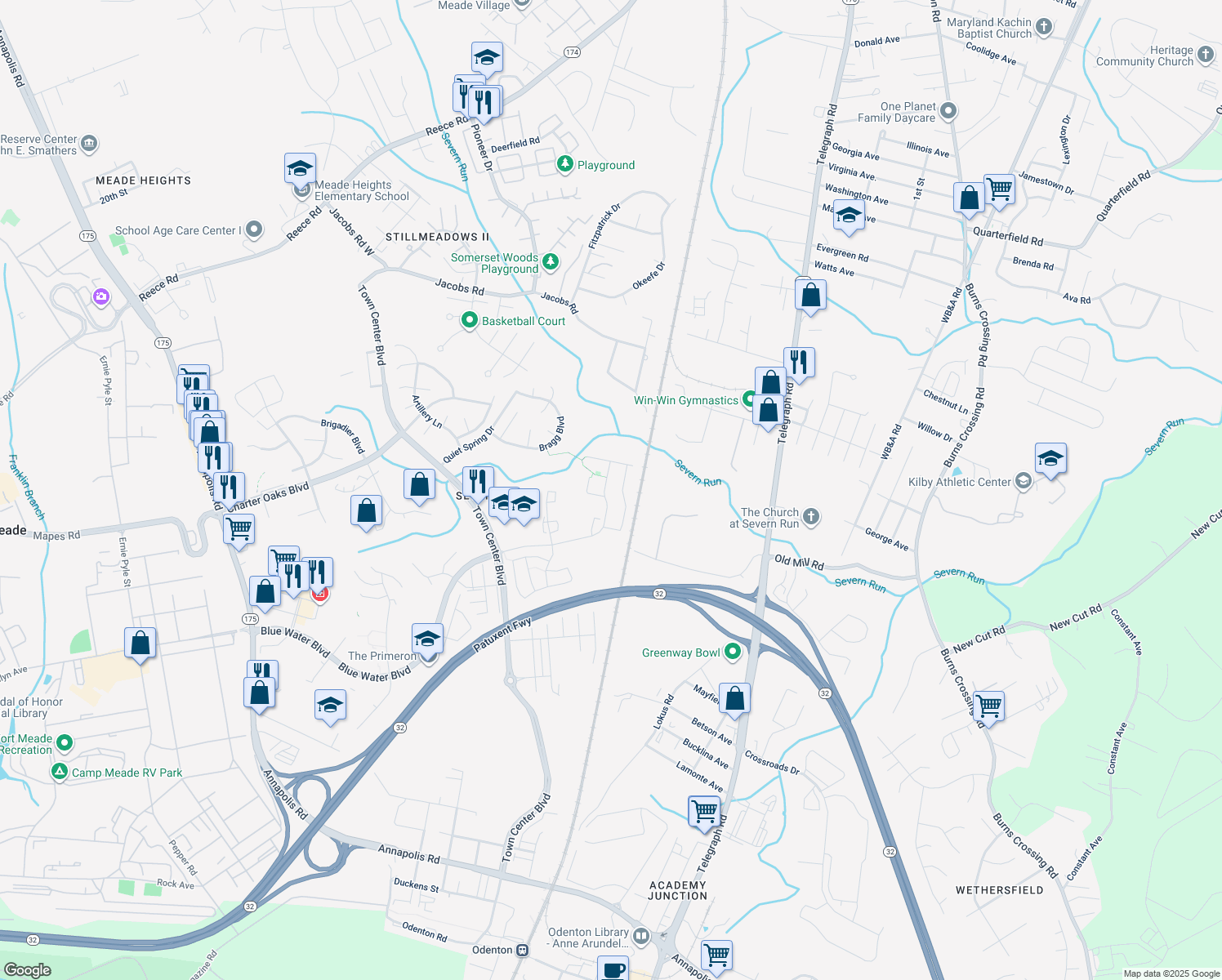 map of restaurants, bars, coffee shops, grocery stores, and more near 2545 Blue Water Boulevard in Odenton