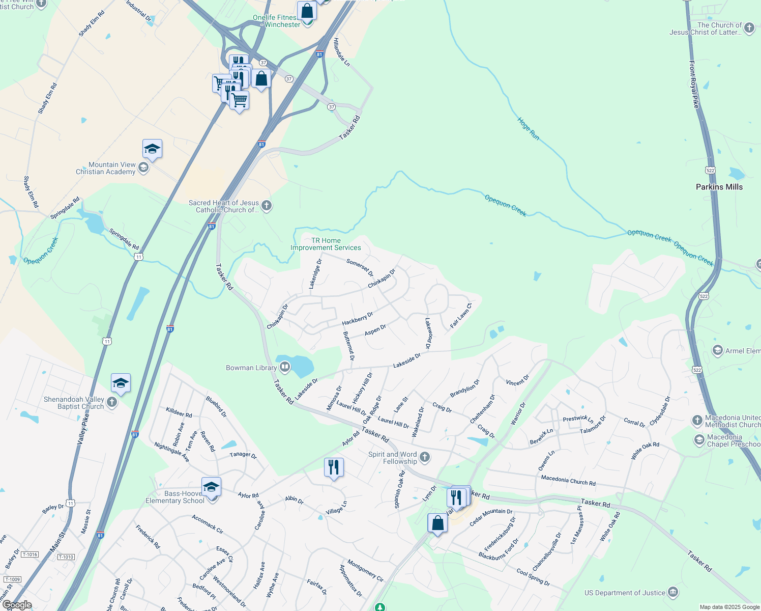 map of restaurants, bars, coffee shops, grocery stores, and more near 237 Hackberry Drive in Stephens City