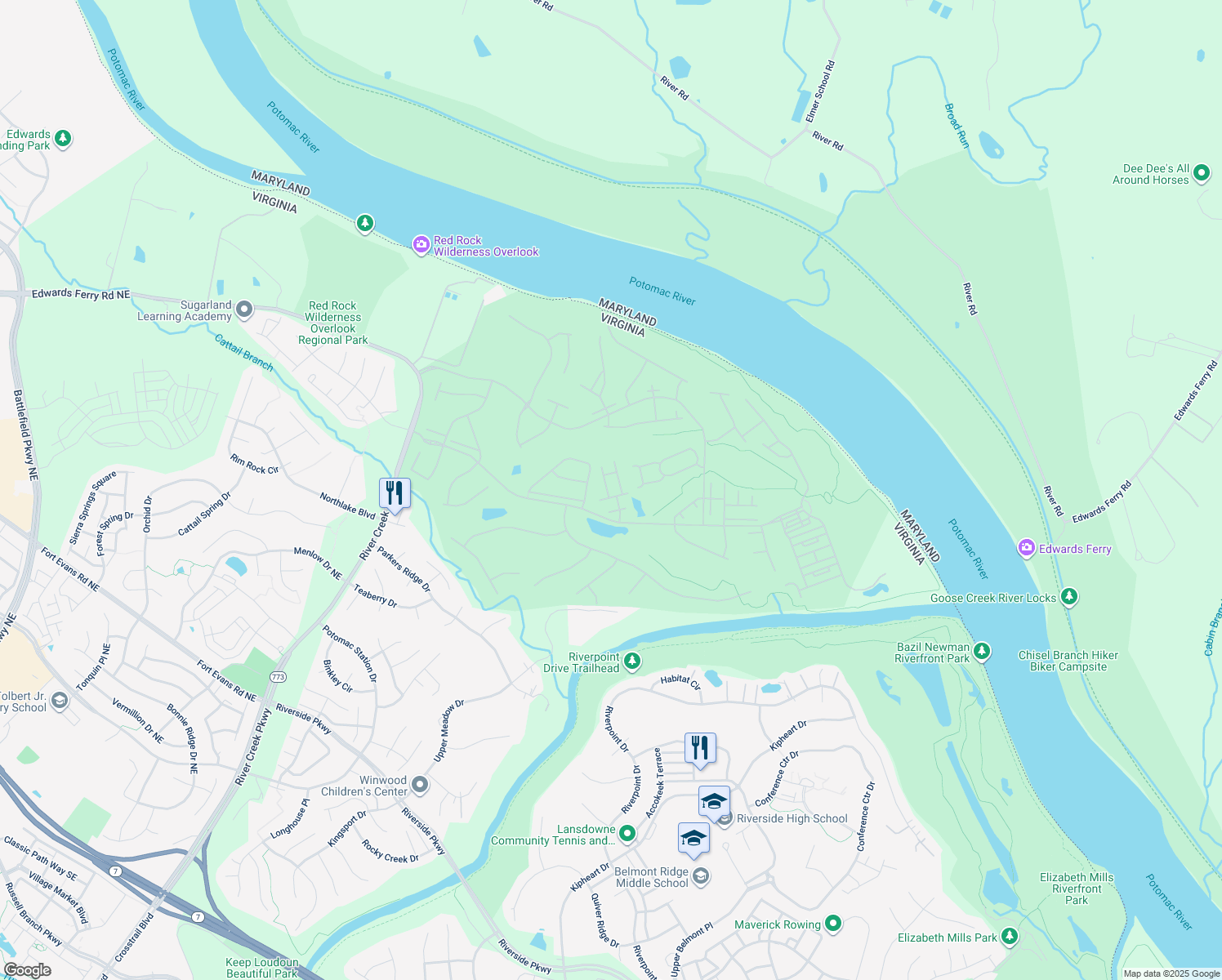 map of restaurants, bars, coffee shops, grocery stores, and more near 18424 Green Island Terrace in Leesburg