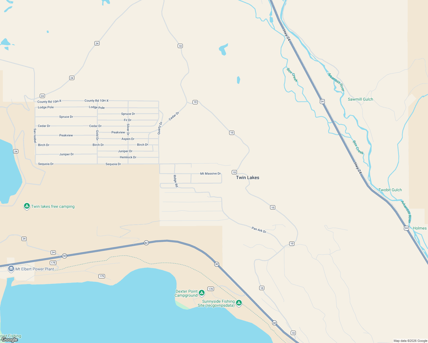 map of restaurants, bars, coffee shops, grocery stores, and more near 28 Sequoia Drive in Twin Lakes