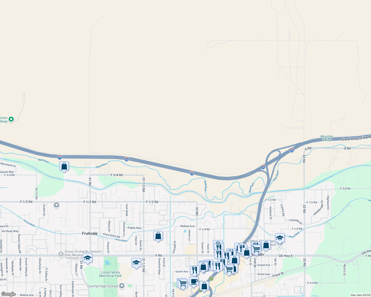 map of restaurants, bars, coffee shops, grocery stores, and more near 3195 North I 70 Frontage Road in Clifton