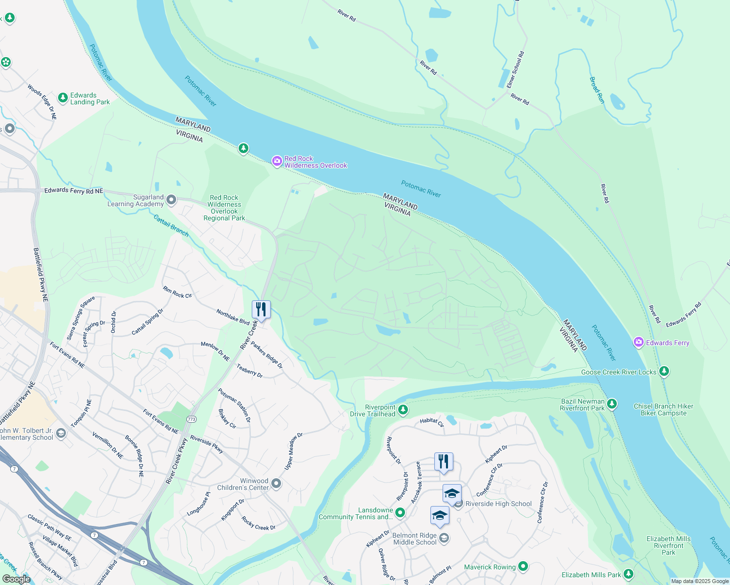 map of restaurants, bars, coffee shops, grocery stores, and more near 18441 Lanier Island Square in Leesburg
