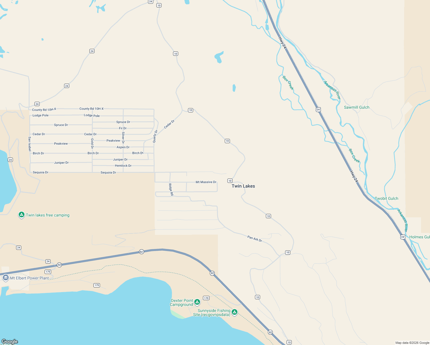 map of restaurants, bars, coffee shops, grocery stores, and more near 28 Sequoia Drive in Twin Lakes