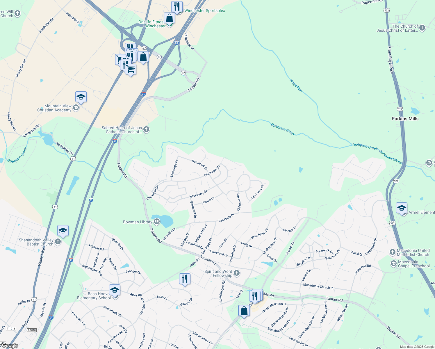 map of restaurants, bars, coffee shops, grocery stores, and more near 107 Golden Pond Circle in Stephens City