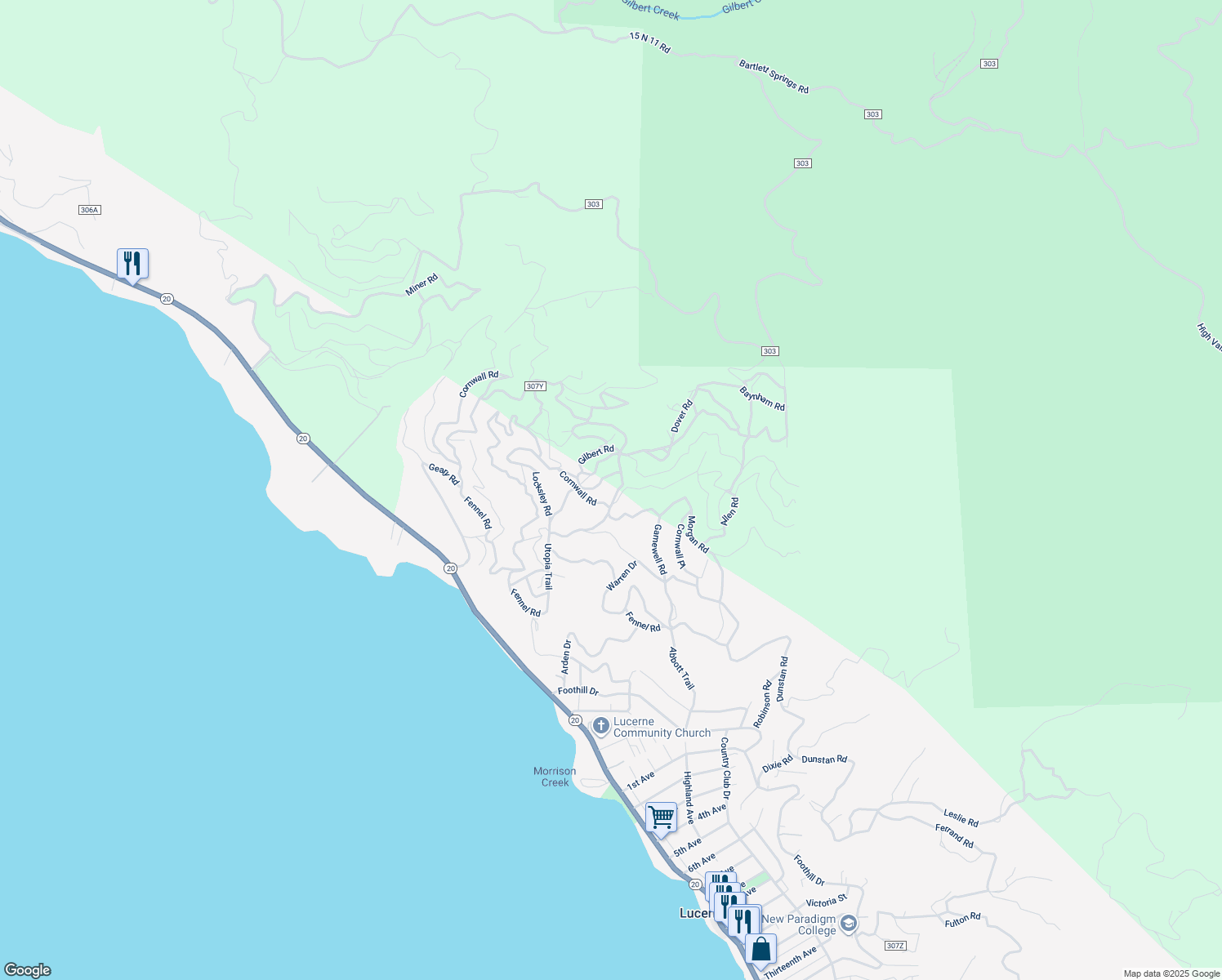 map of restaurants, bars, coffee shops, grocery stores, and more near 5572 Marian Drive in Lucerne