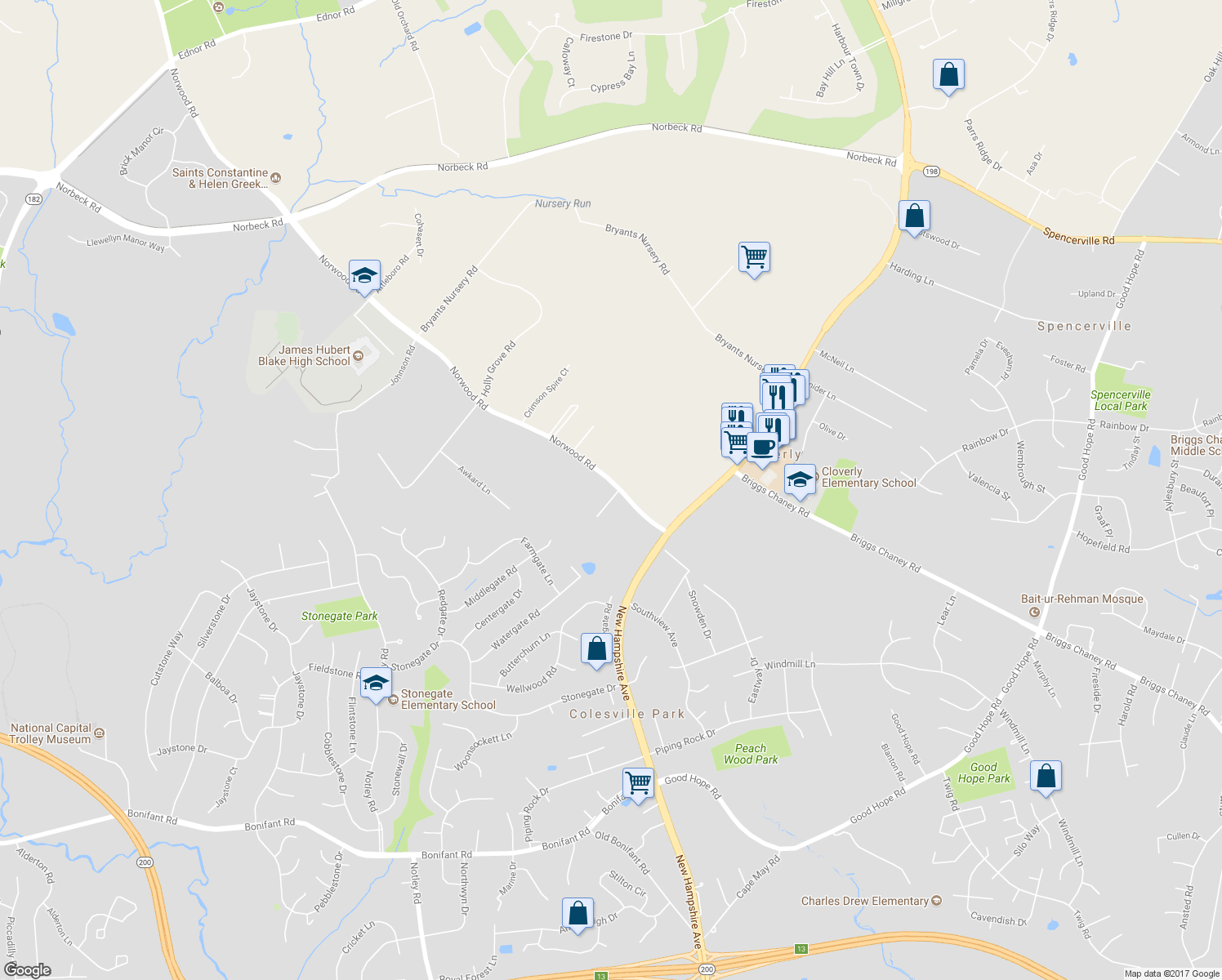 map of restaurants, bars, coffee shops, grocery stores, and more near 40 Norwood Road in Silver Spring