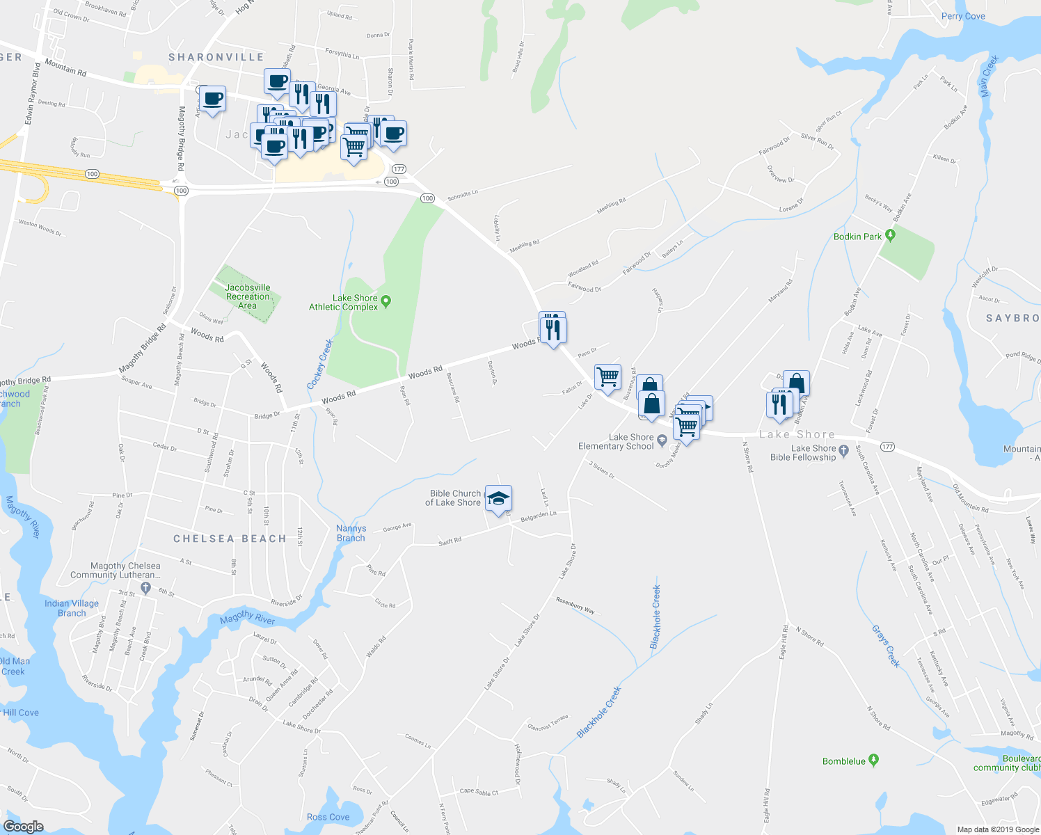 map of restaurants, bars, coffee shops, grocery stores, and more near 42 Luke Drive in Pasadena