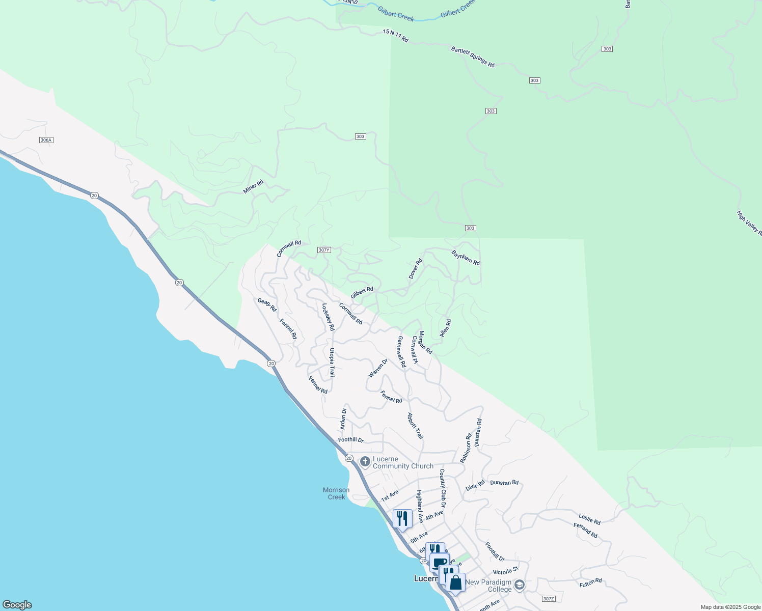 map of restaurants, bars, coffee shops, grocery stores, and more near 5572 Marian Drive in Lucerne