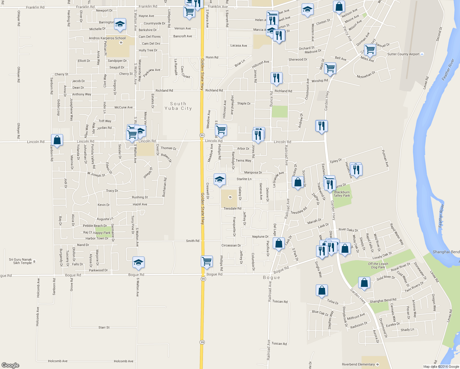 map of restaurants, bars, coffee shops, grocery stores, and more near 1380 Starlite Lane in Yuba City