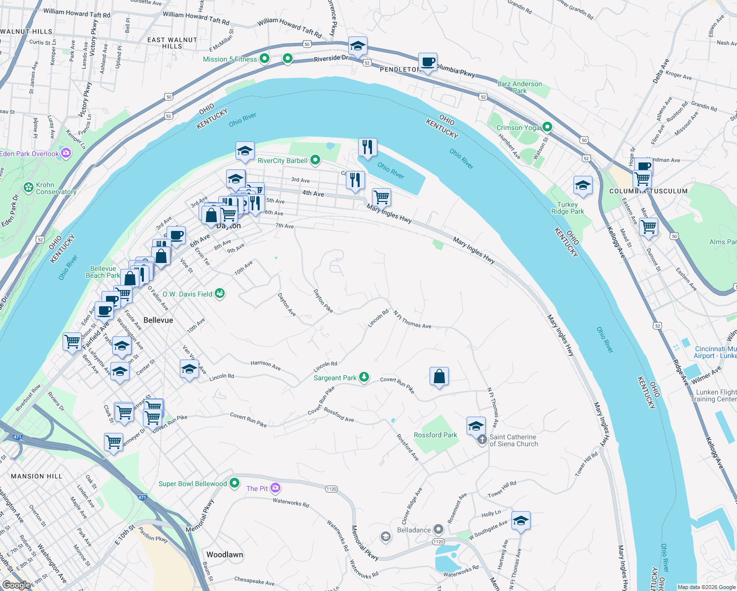 map of restaurants, bars, coffee shops, grocery stores, and more near 650 Dayton Pike in Dayton