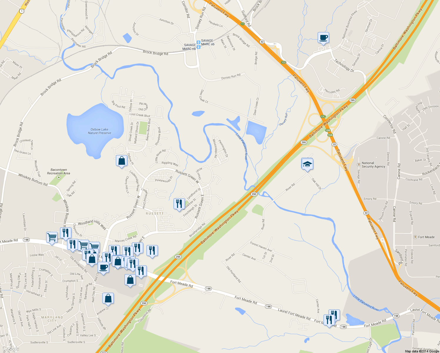 map of restaurants, bars, coffee shops, grocery stores, and more near 8233 Shooting Star Lane in Laurel