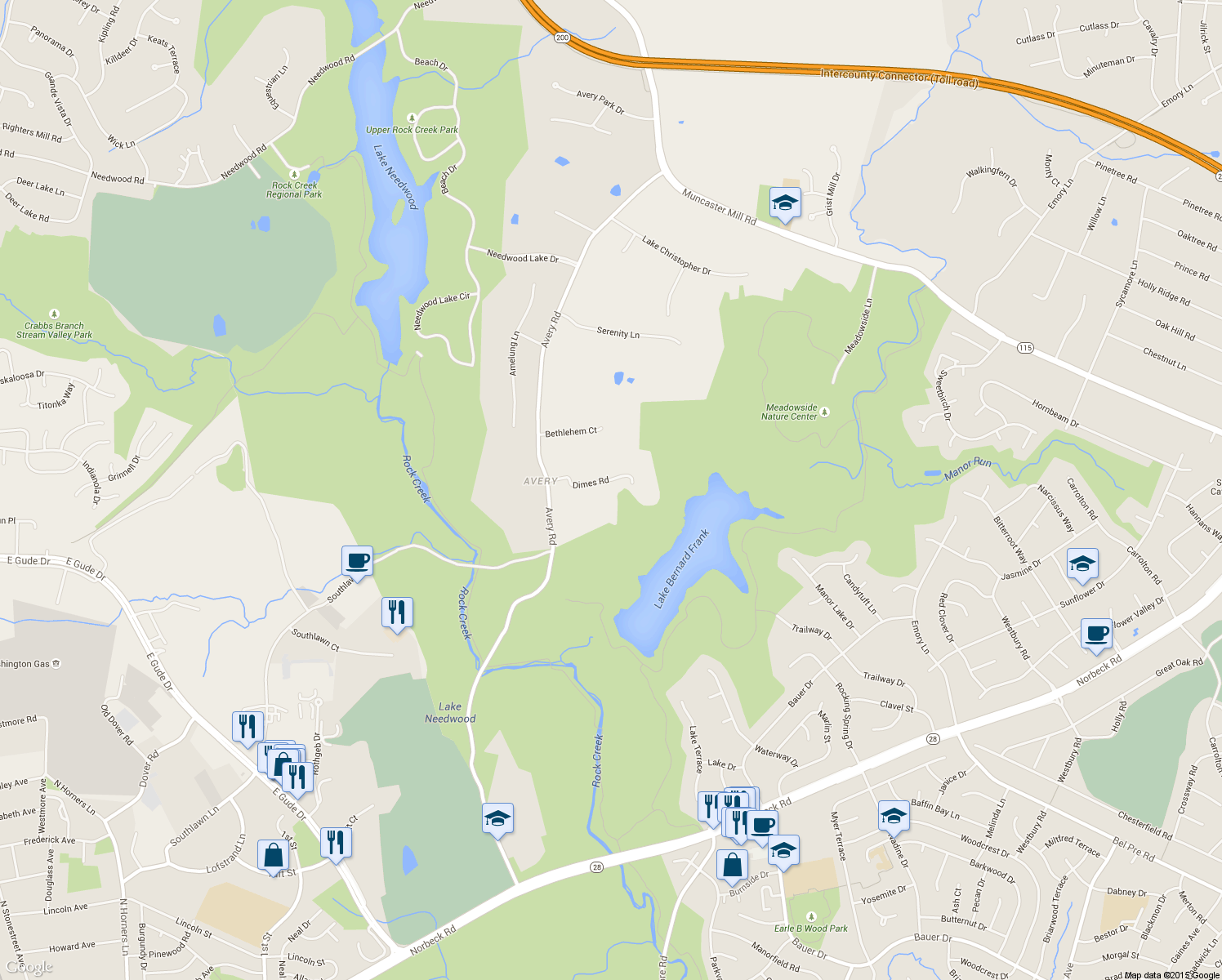 map of restaurants, bars, coffee shops, grocery stores, and more near 5715 Dimes Road in Rockville