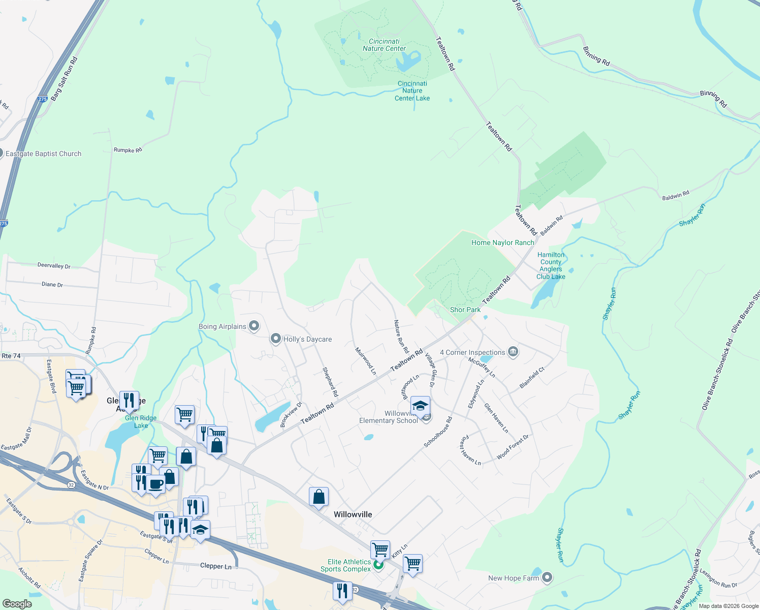 map of restaurants, bars, coffee shops, grocery stores, and more near 1154 Beechridge Court in Batavia
