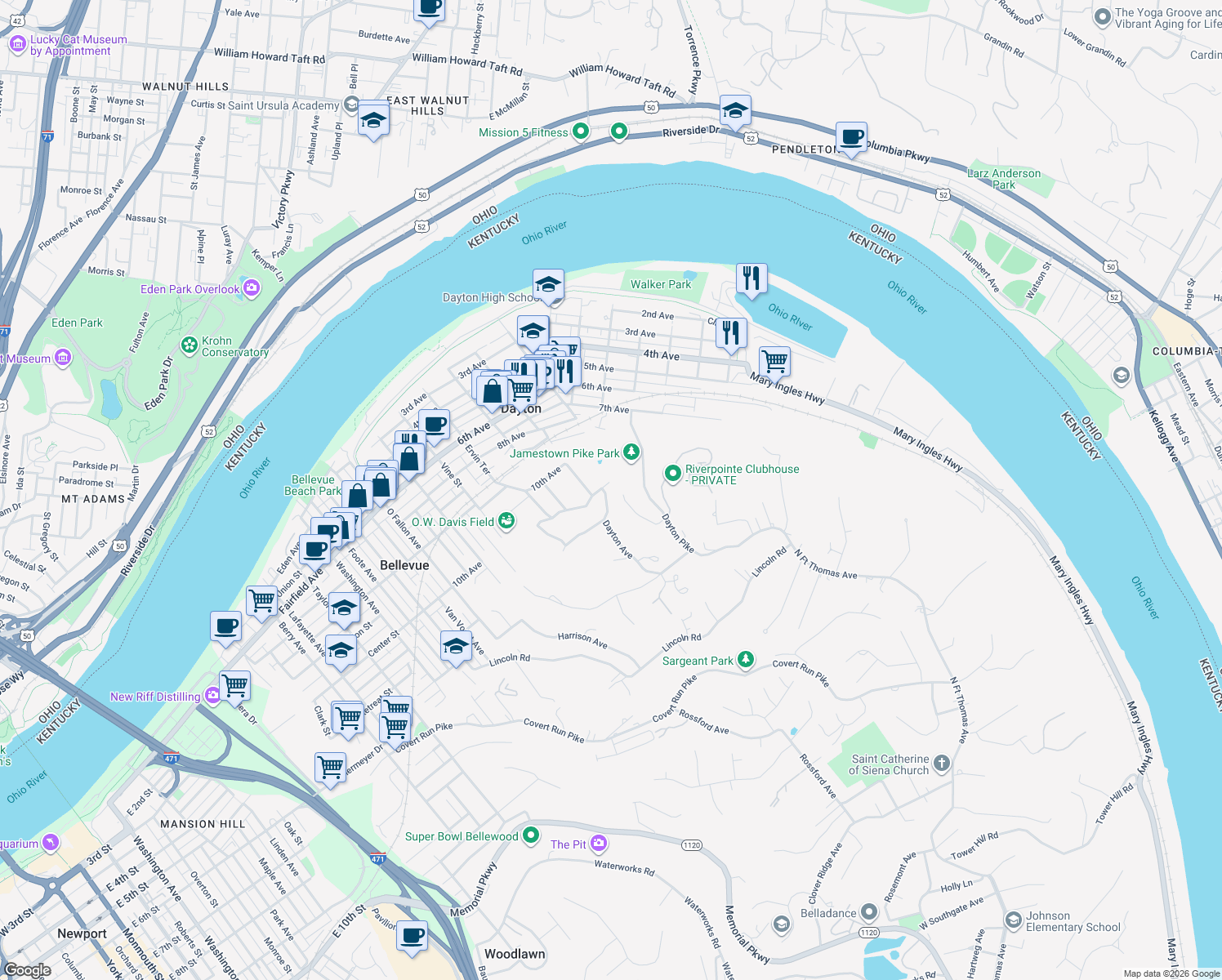 map of restaurants, bars, coffee shops, grocery stores, and more near 602 Belmont Rd in Dayton
