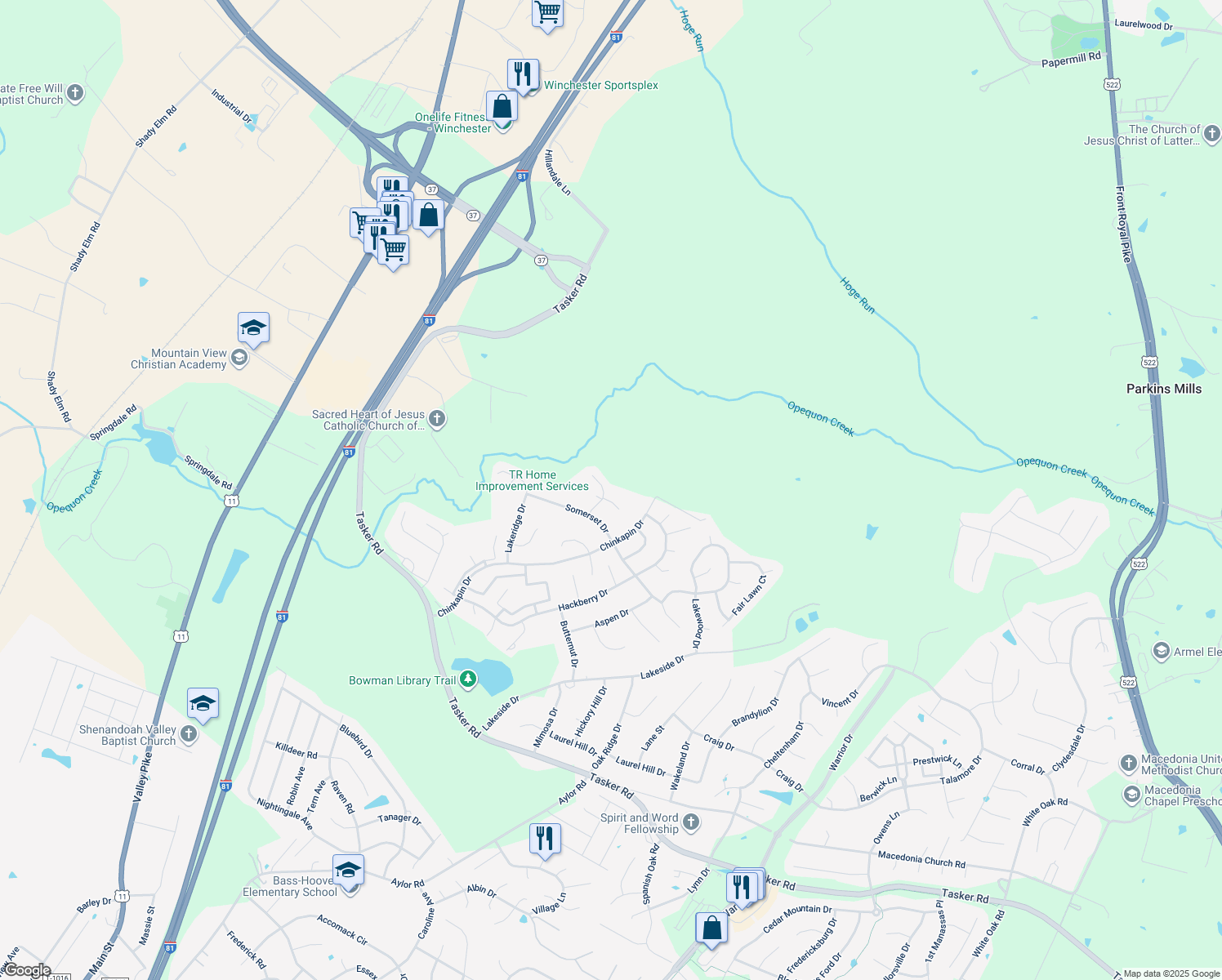 map of restaurants, bars, coffee shops, grocery stores, and more near 110 Summer Lake Dr in Stephens City