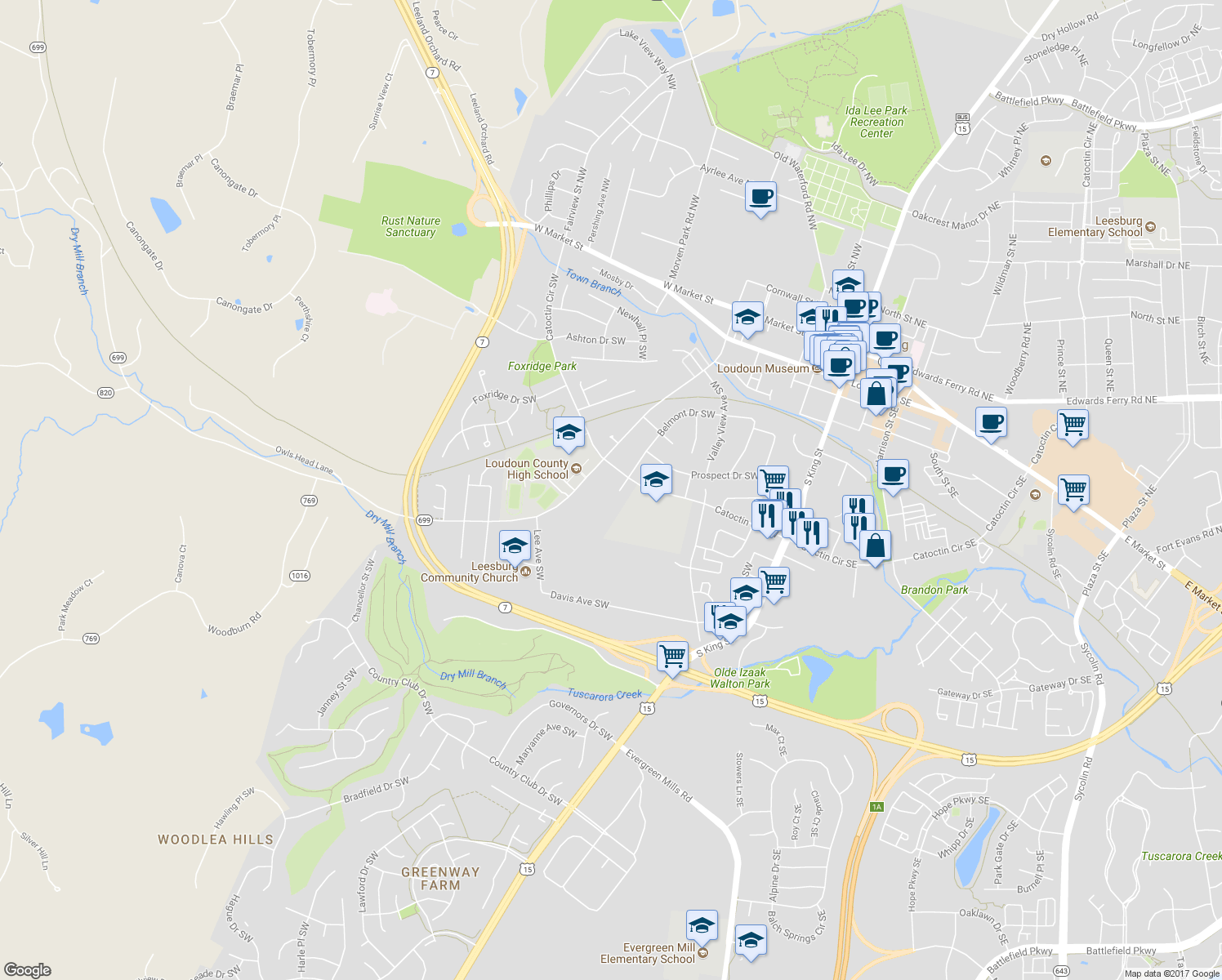 map of restaurants, bars, coffee shops, grocery stores, and more near 405 Belmont Drive Southwest in Leesburg
