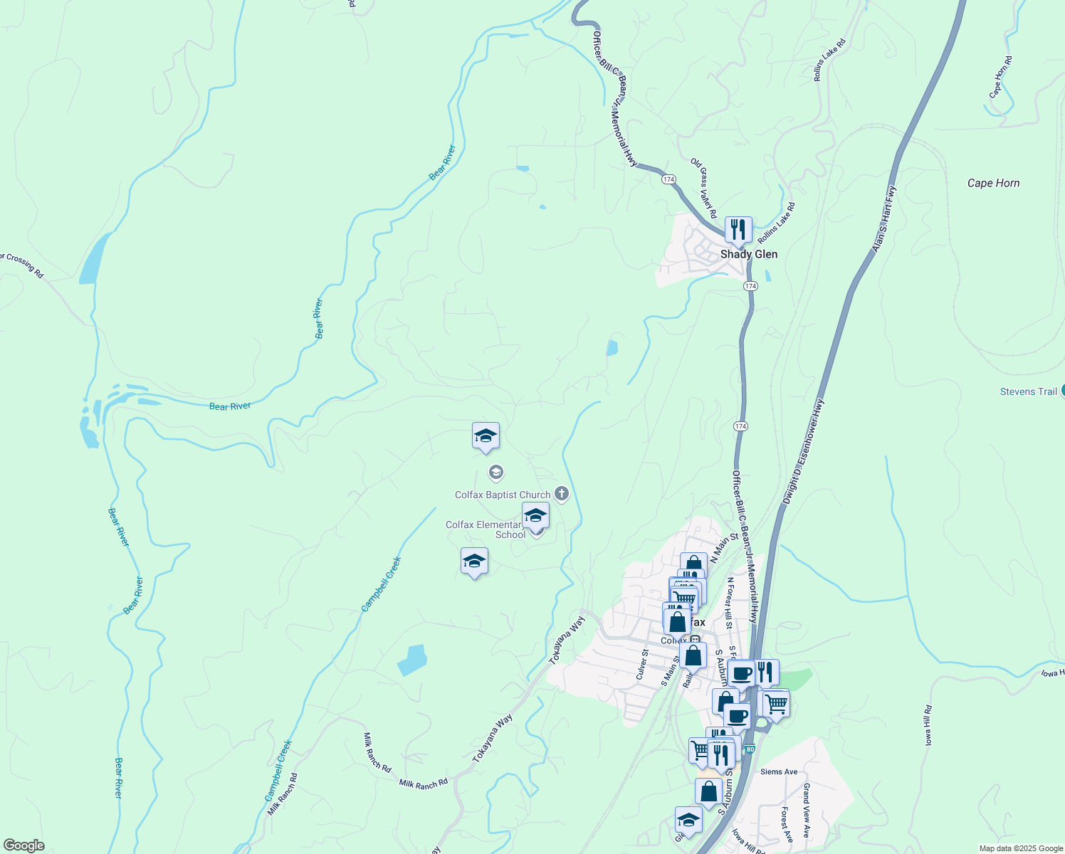map of restaurants, bars, coffee shops, grocery stores, and more near 24990 Ben Taylor Road in Colfax