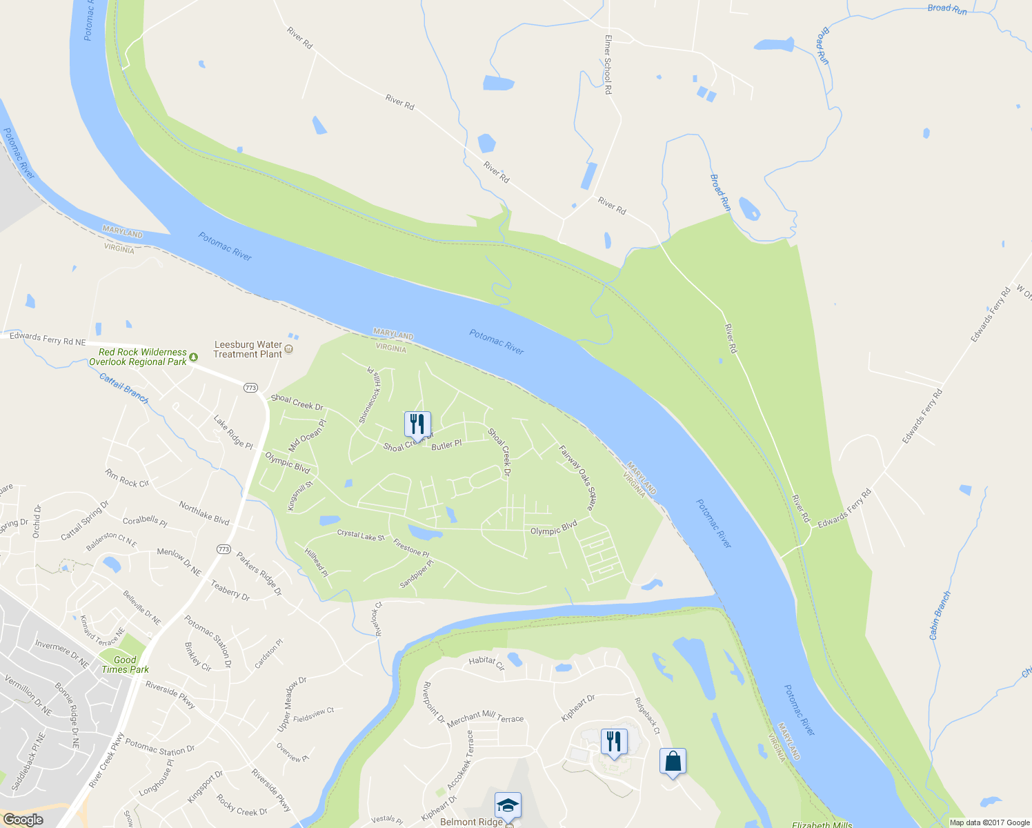 map of restaurants, bars, coffee shops, grocery stores, and more near 18276 Buccaneer Terrace in Leesburg